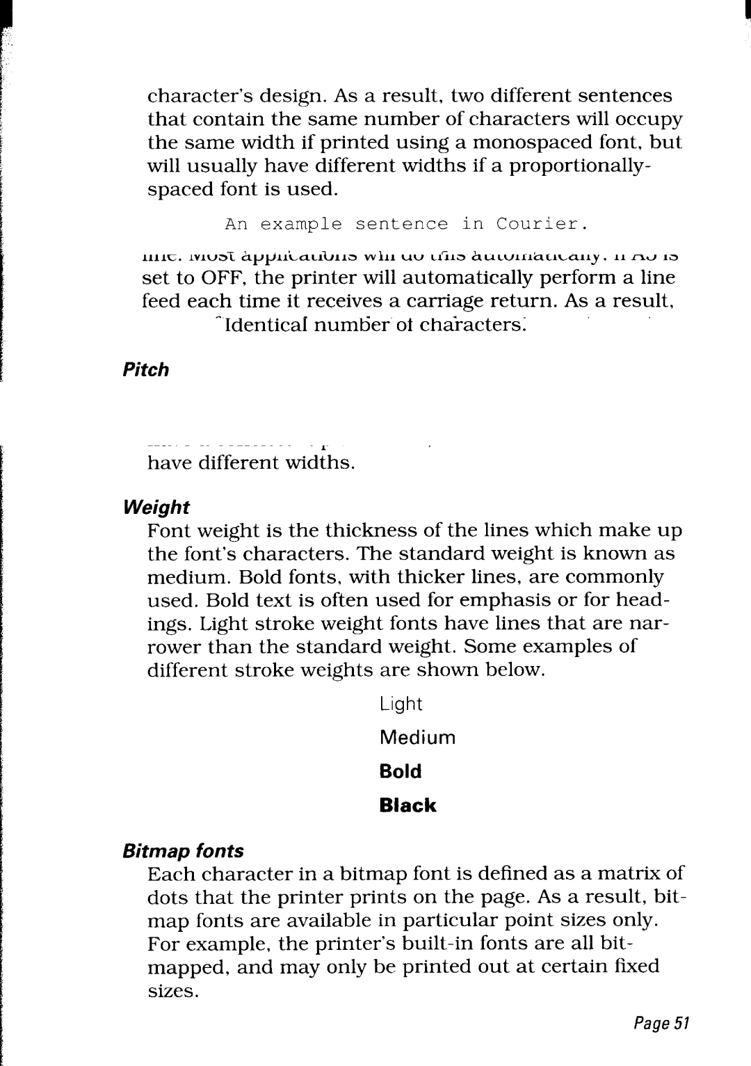 Star Micronics LC24-30 user manual Pitch, Weight, Bold Black, Bitmap fonts 