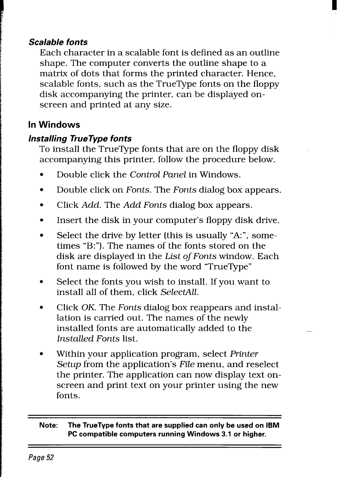 Star Micronics LC24-30 user manual Scalable fonts, Installing True Type fonts 