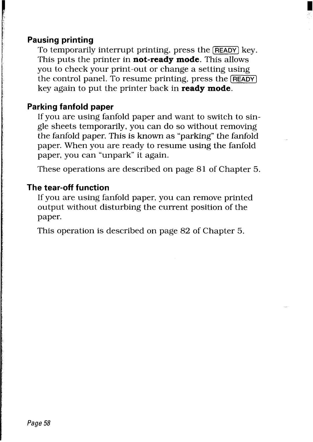 Star Micronics LC24-30 user manual Pausing printing, Parking fanfold paper, Tear-off function 