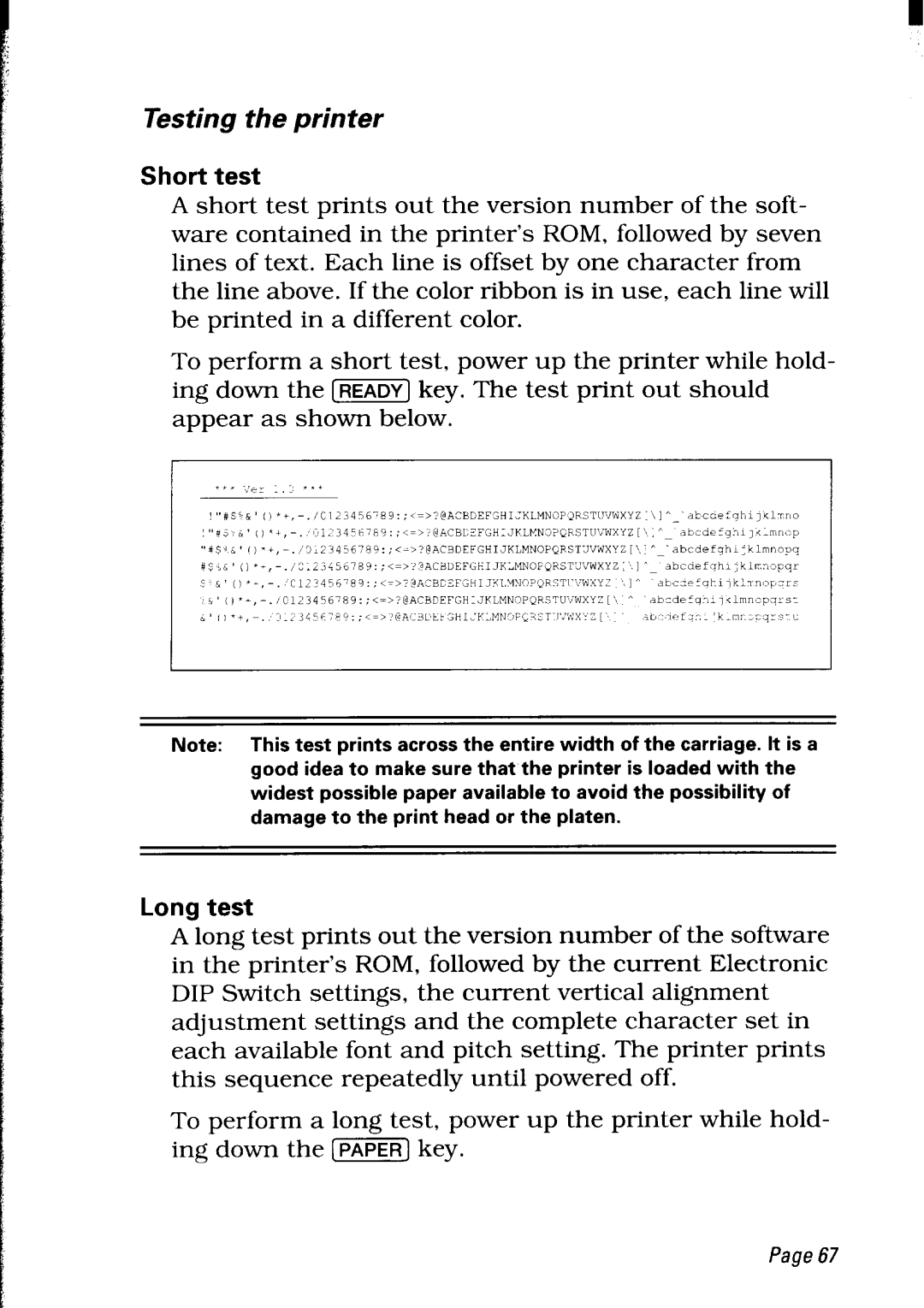 Star Micronics LC24-30 user manual Testing the printer, Short test, Long test 