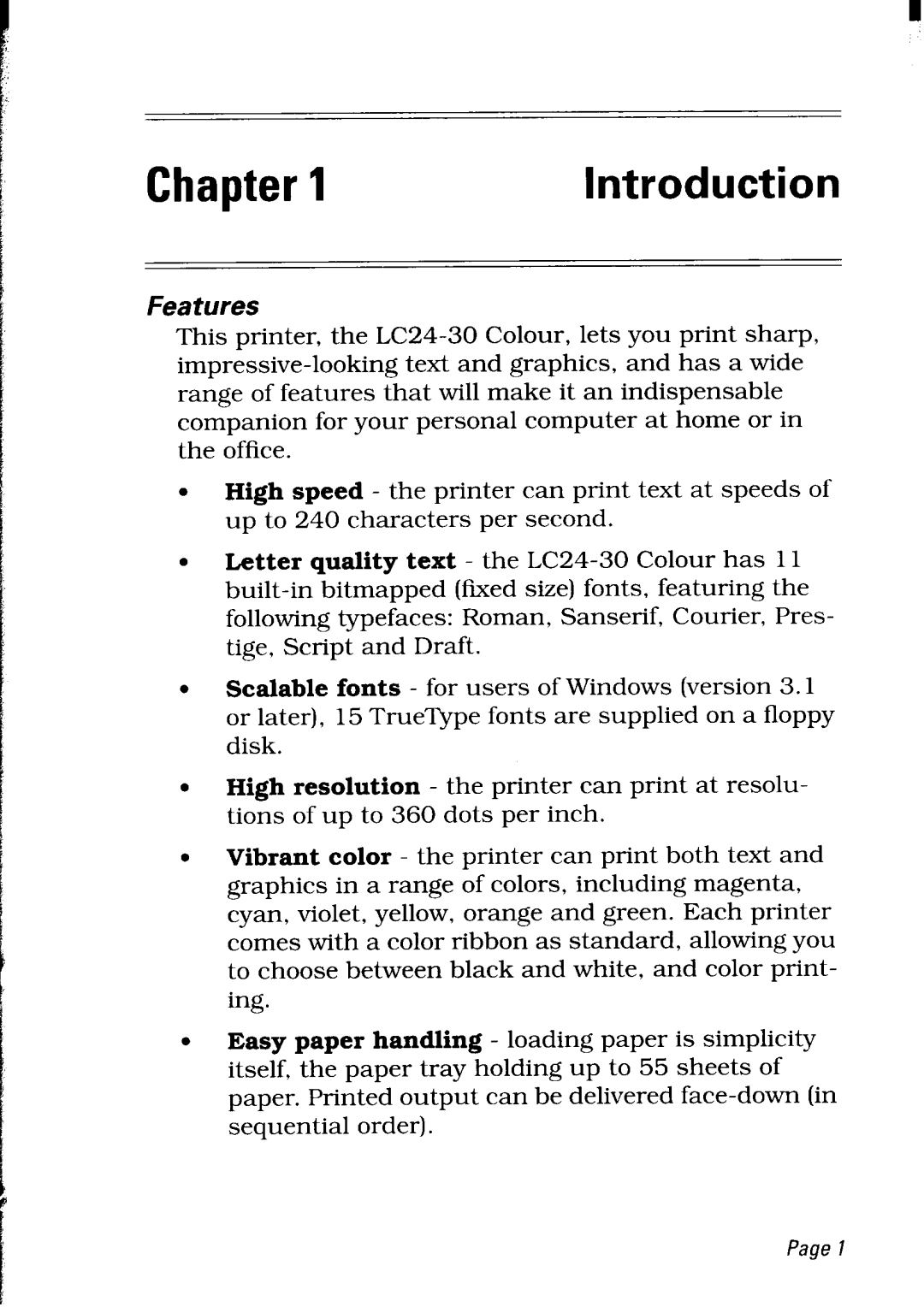 Star Micronics LC24-30 user manual Chapter, Features 