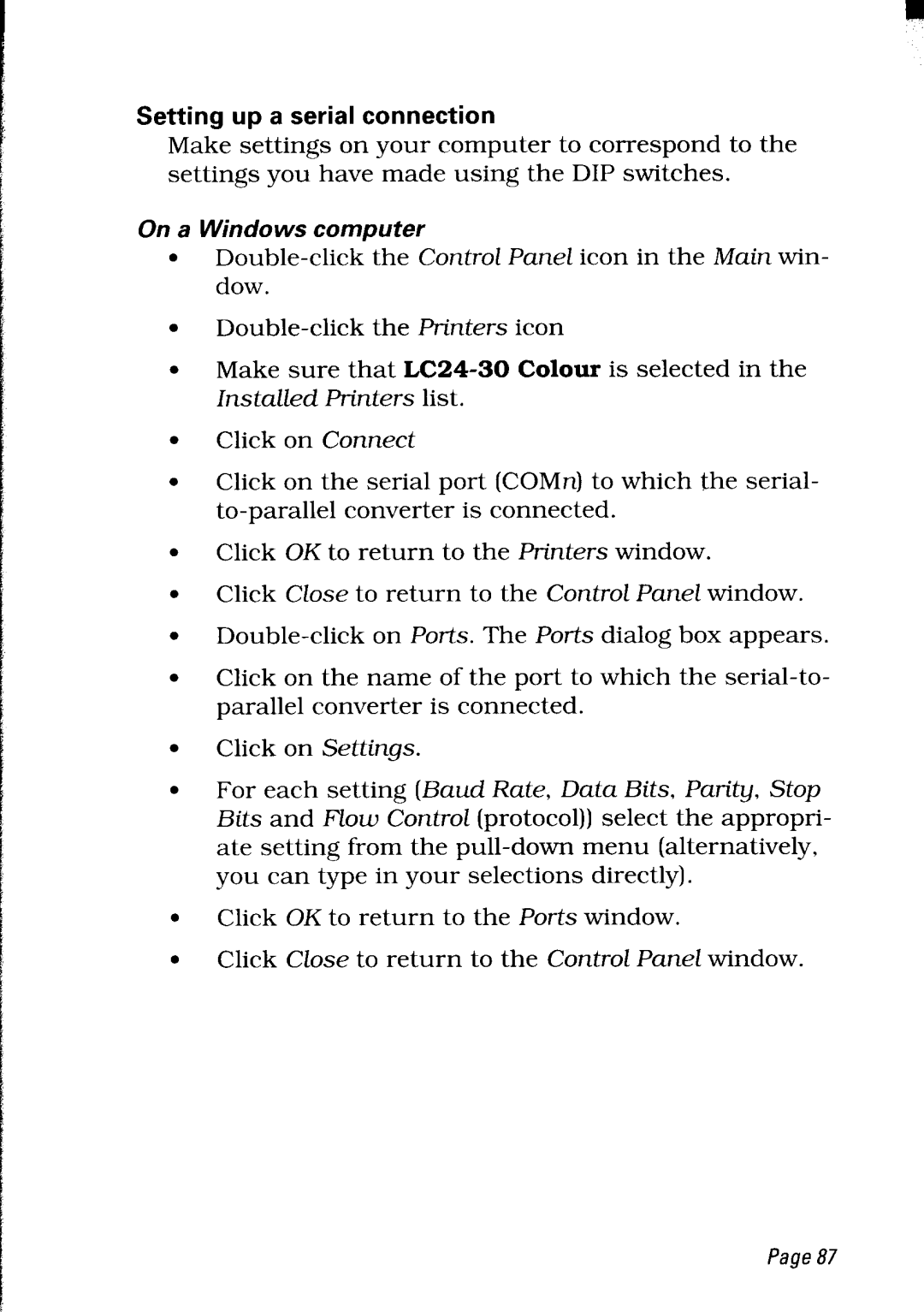 Star Micronics LC24-30 user manual Setting up a serial connection, On a Windows computer 