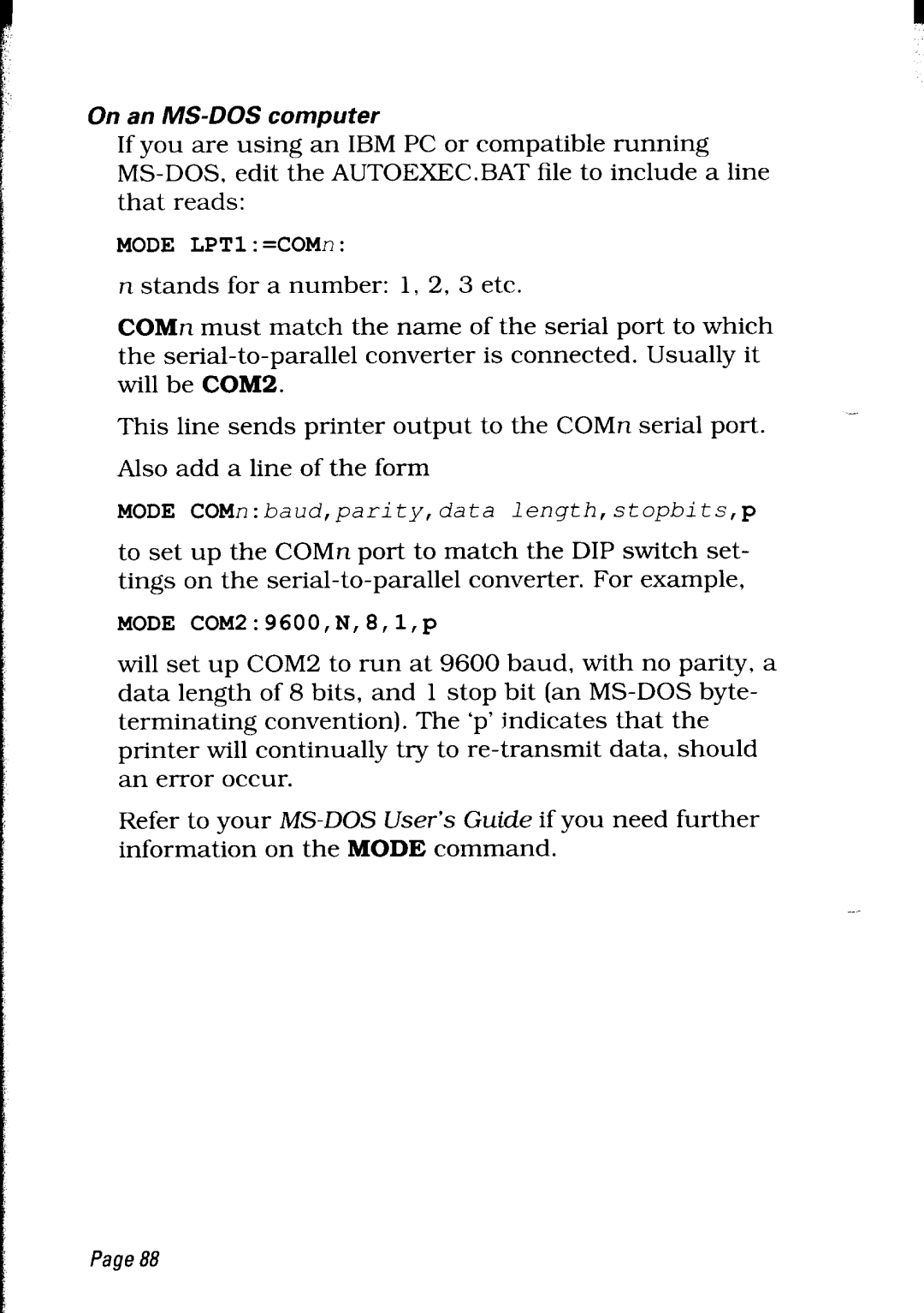 Star Micronics LC24-30 user manual On an MS-DOS computer, Mode LPTl=COMn 