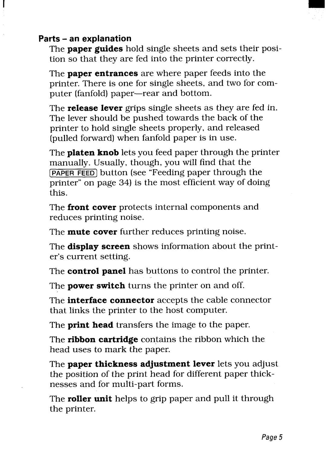 Star Micronics LC24-300 user manual Parts an explanation 