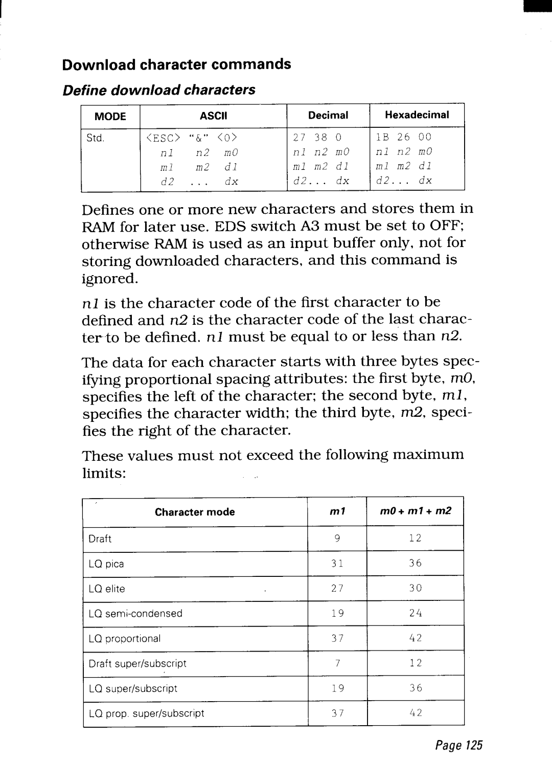 Star Micronics LC24-300 user manual Download Character commands, Mode 