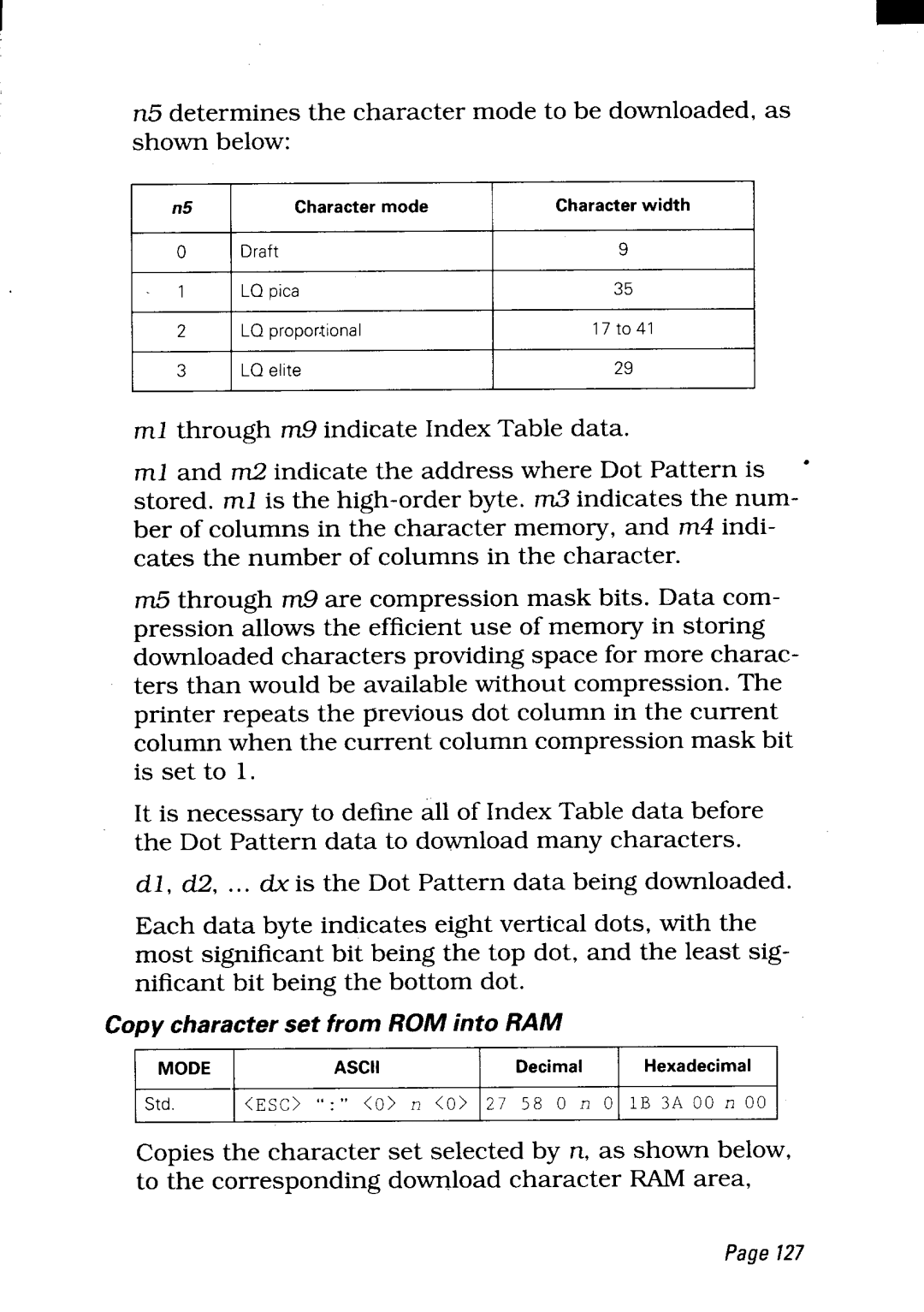 Star Micronics LC24-300 user manual Copy character set from ROM into RAM 