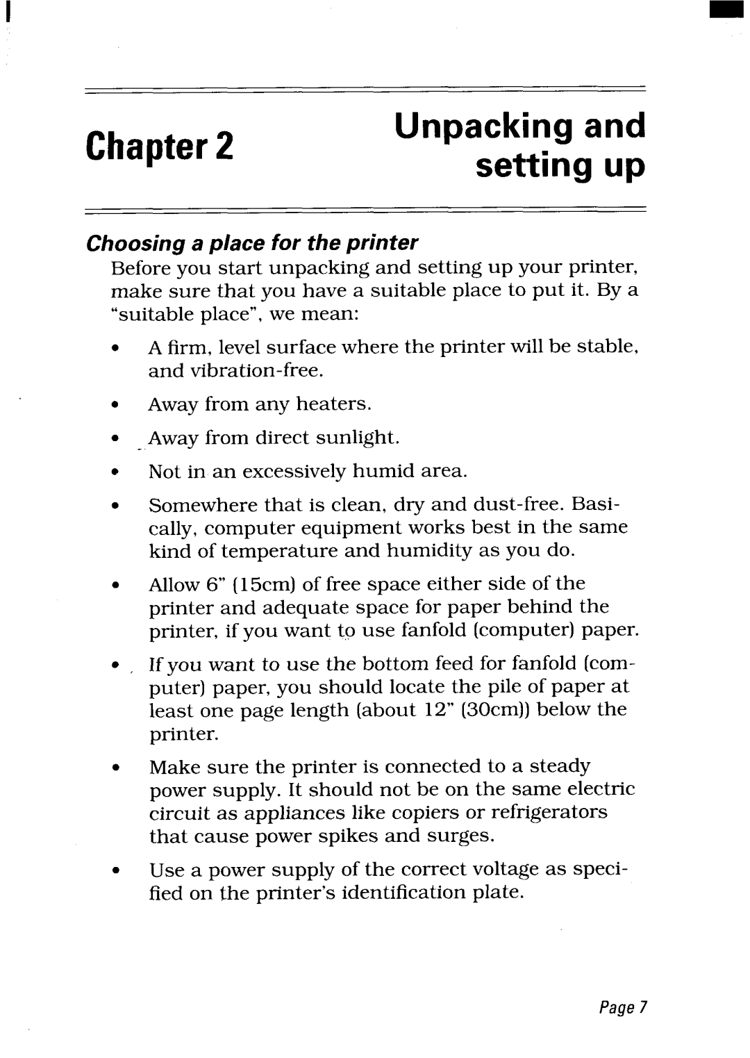 Star Micronics LC24-300 user manual Setting up, Choosing a place for the printer 