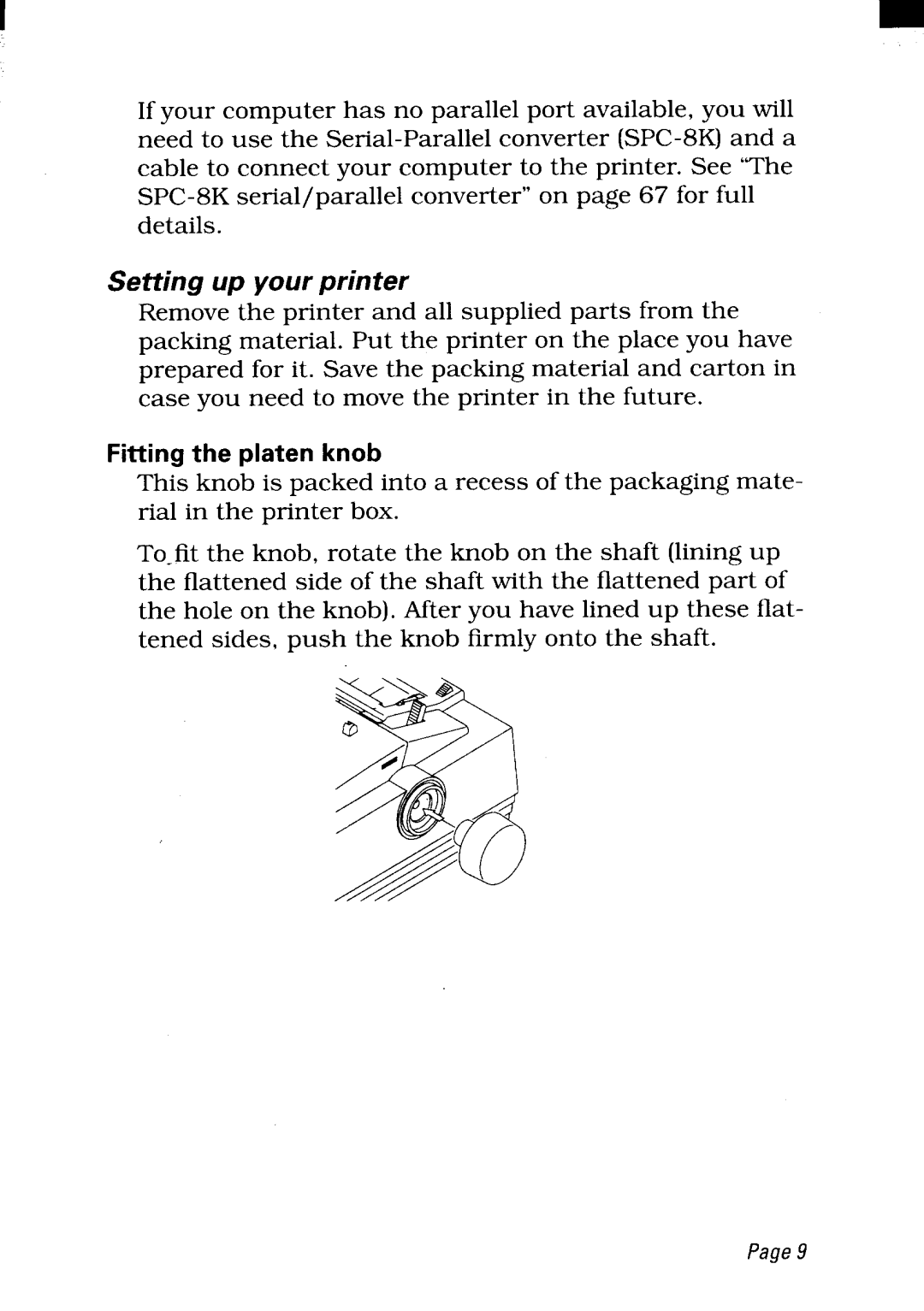 Star Micronics LC24-300 user manual Setting up your printer, Fitting the platen knob 