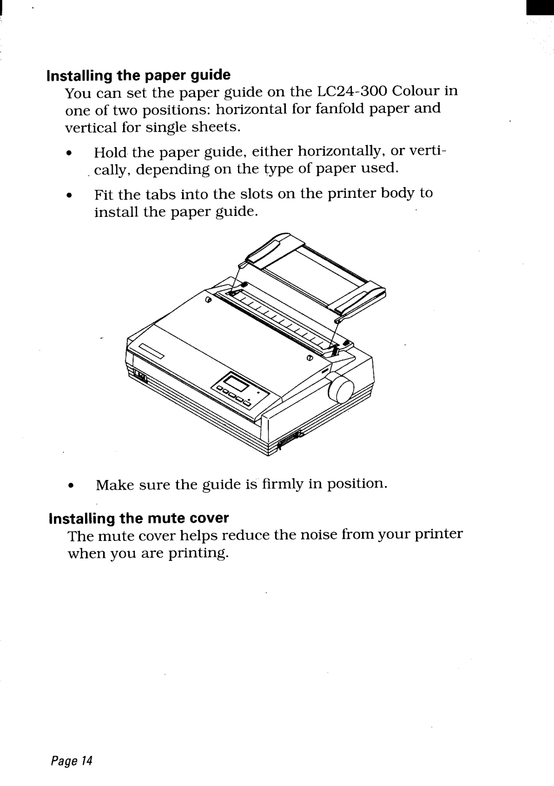 Star Micronics LC24-300 user manual Installing the paper guide, Installing the mute cover 