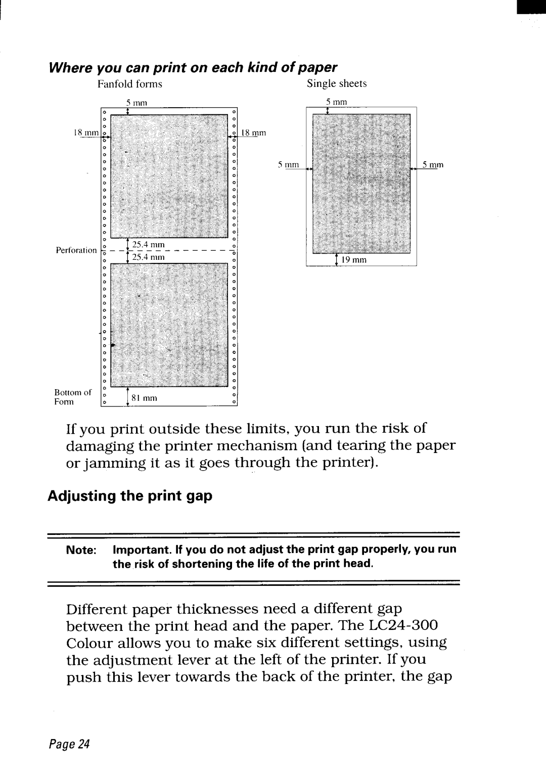 Star Micronics LC24-300 user manual Adjusting the print gap 