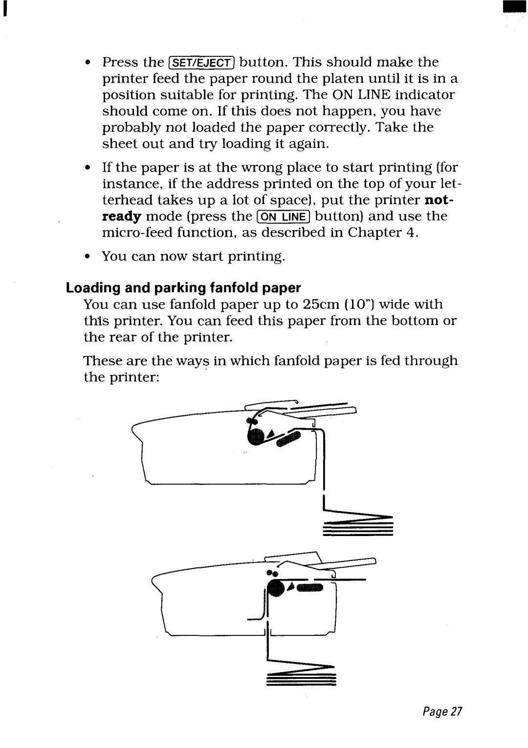 Star Micronics LC24-300 user manual Loading and parking fanfold paper 