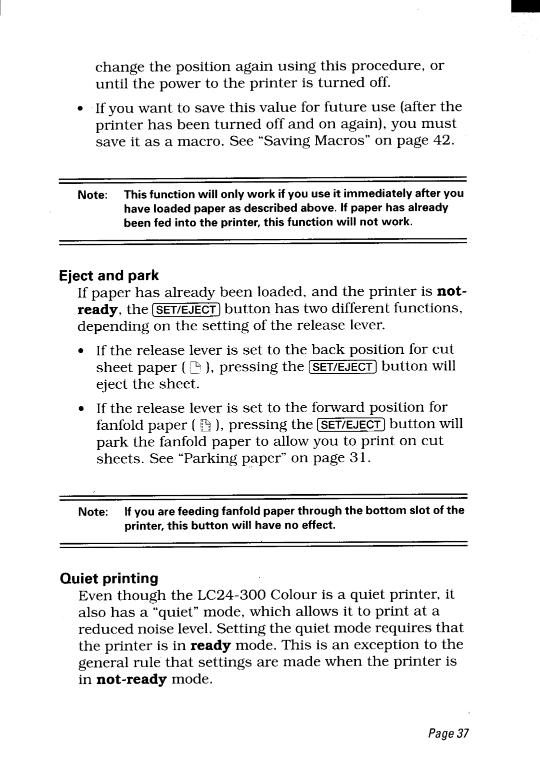 Star Micronics LC24-300 user manual Eject and park, Quiet printing 