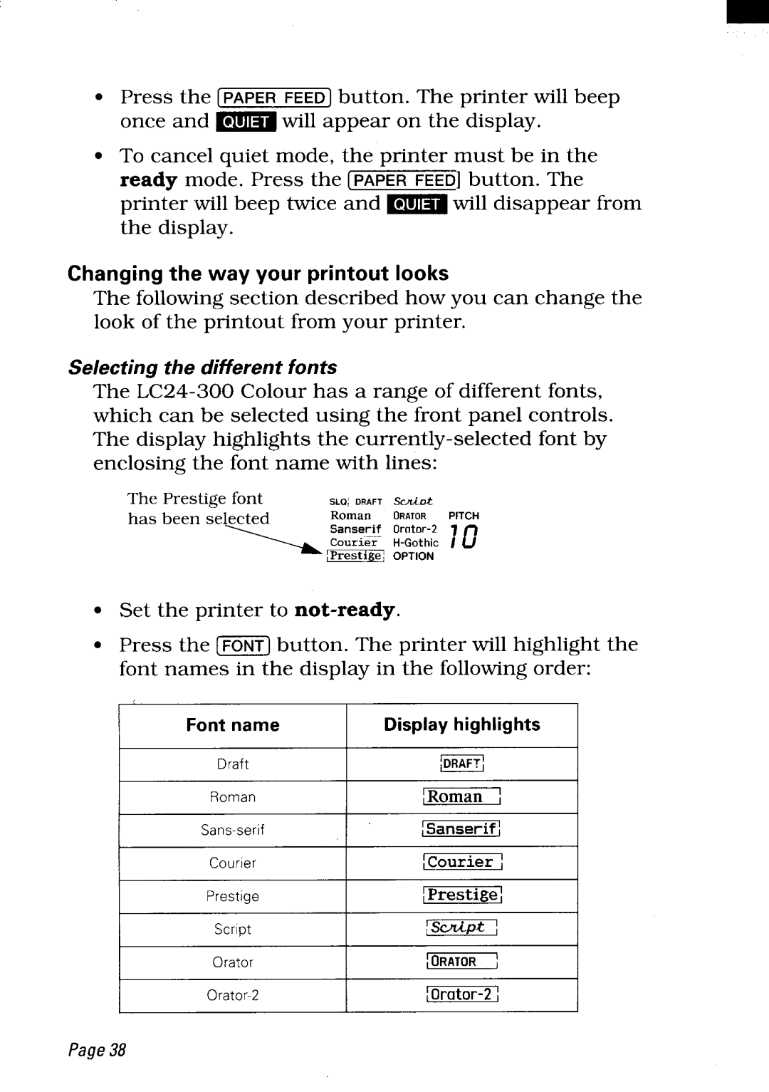 Star Micronics LC24-300 user manual Changing the way your printout looks, Font name Display highlights 