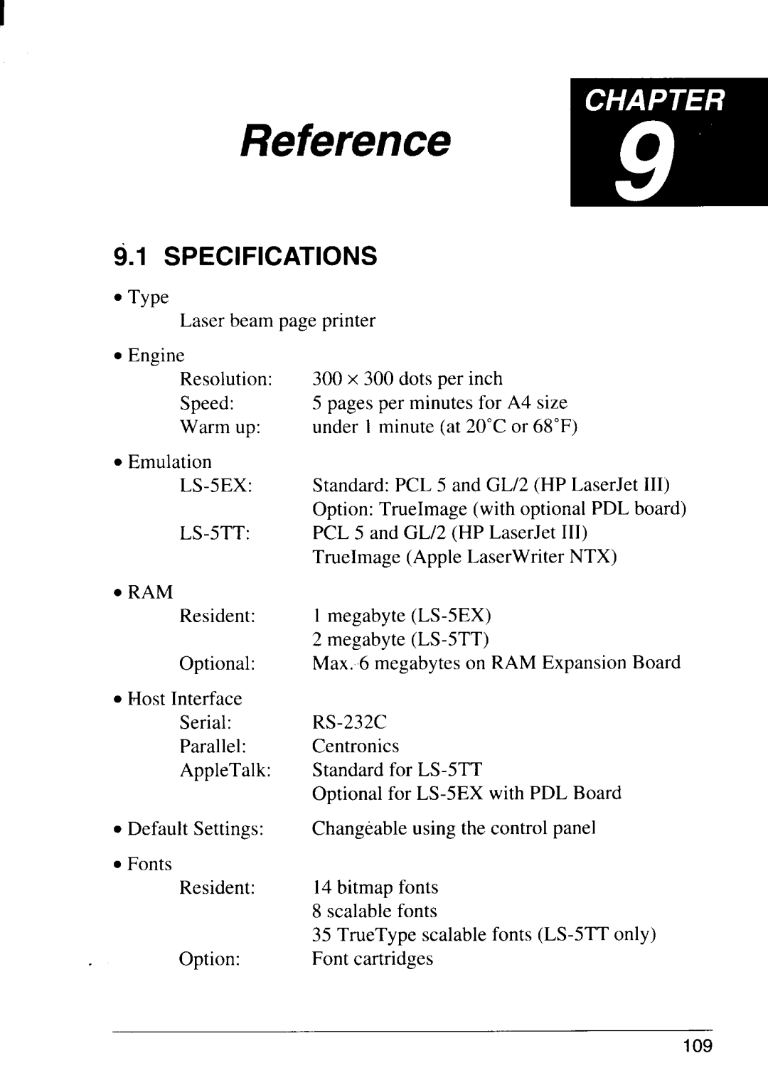 Star Micronics LS-5 TT, LS-5 EX operation manual Specifications, Reference 