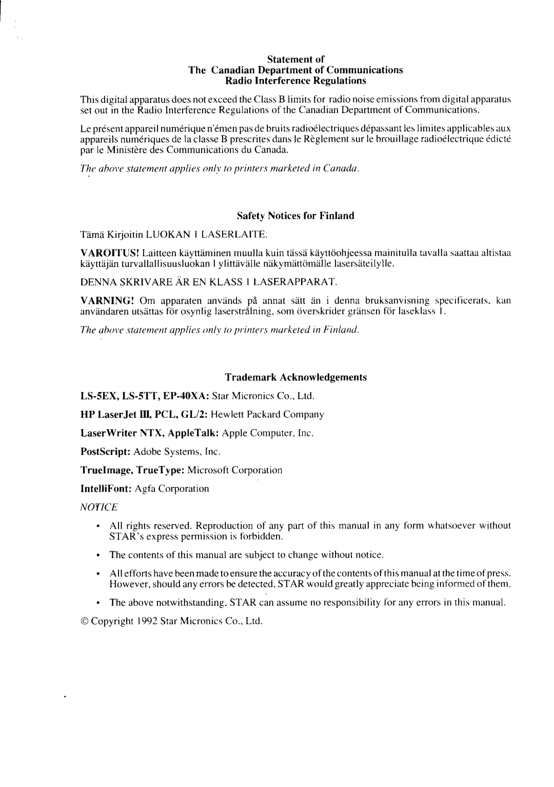 Star Micronics LS-5 TT, LS-5 EX Statement of The Canadian Department of Communications, Radio Interference Regulations 