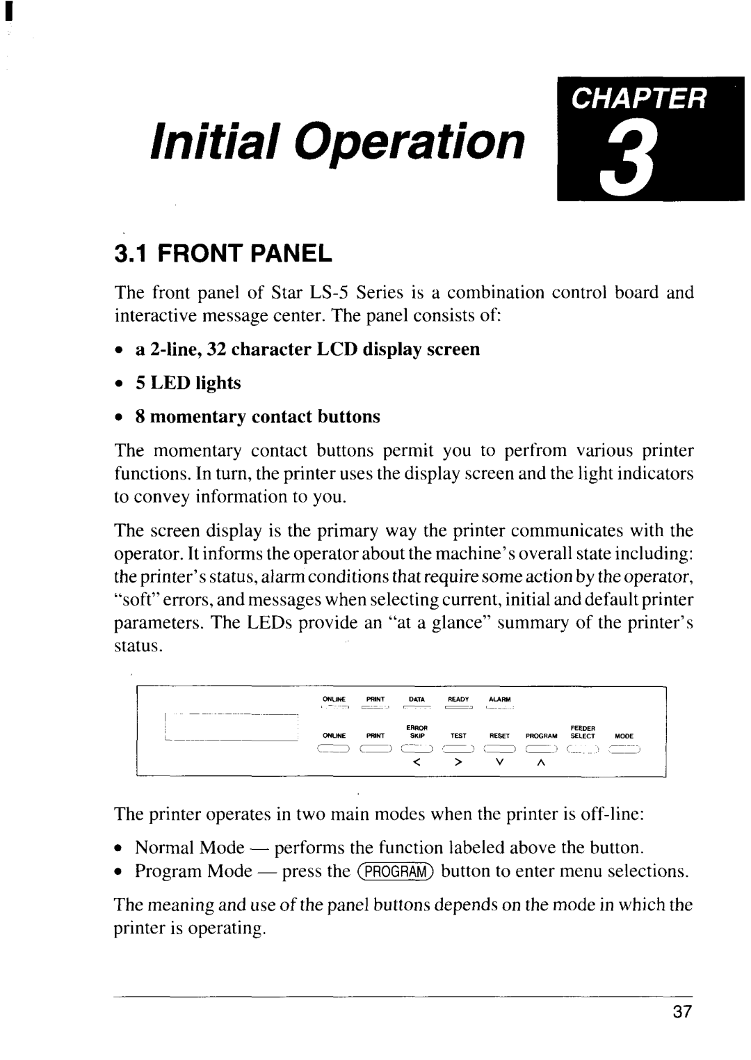 Star Micronics LS-5 TT, LS-5 EX operation manual Initial Operation, Front Panel 