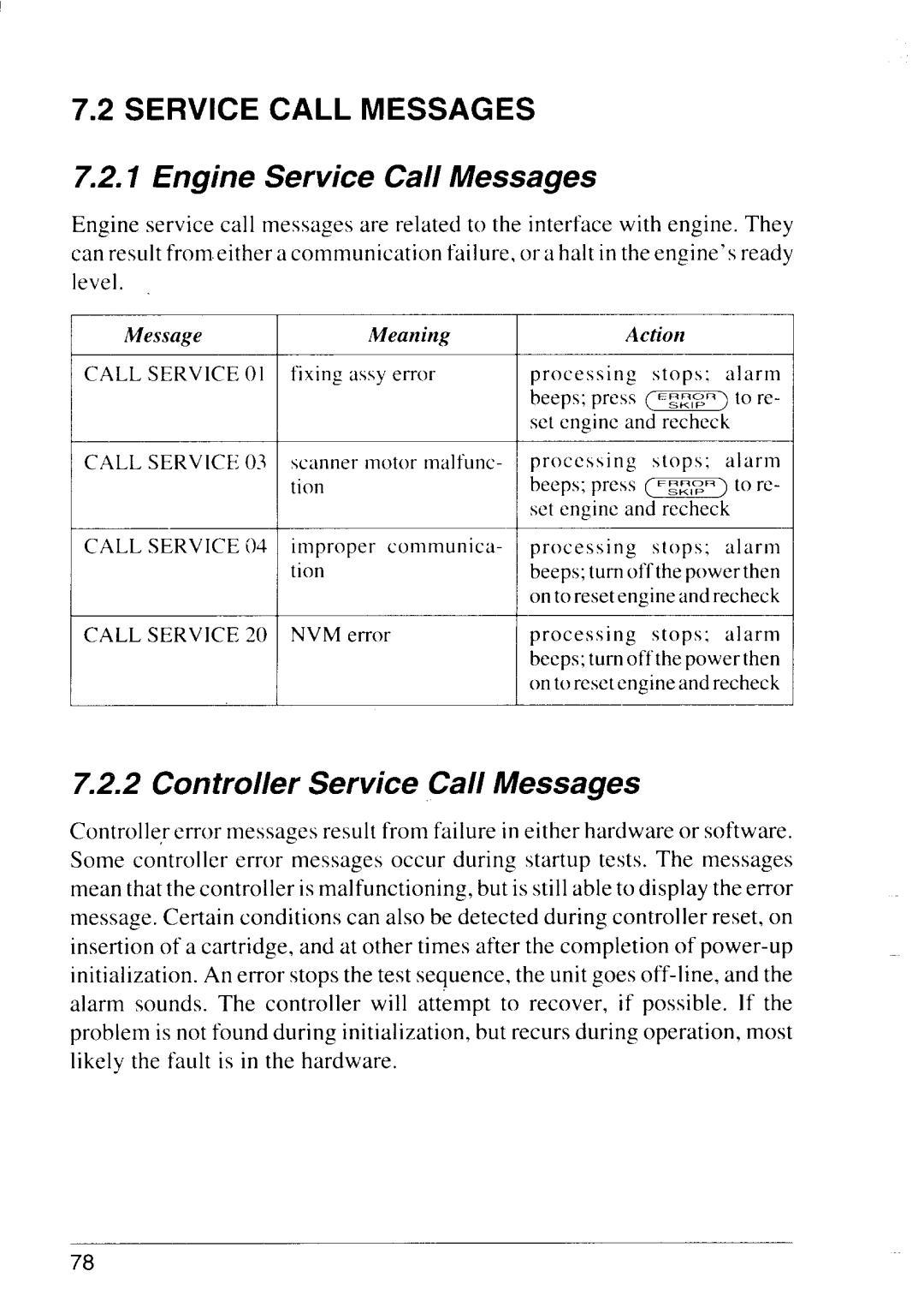 Star Micronics LS-5 EX, LS-5 TT operation manual Engine Service Call Messages, Controller Service Call Messages 
