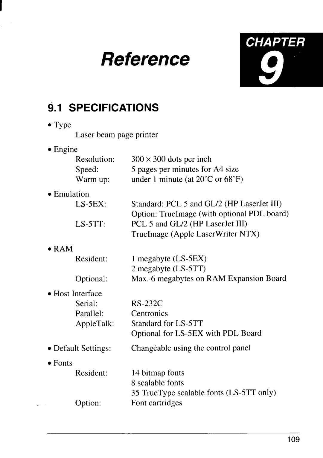 Star Micronics LS-5 TT, LS-5 EX operation manual Reference, Specifications 