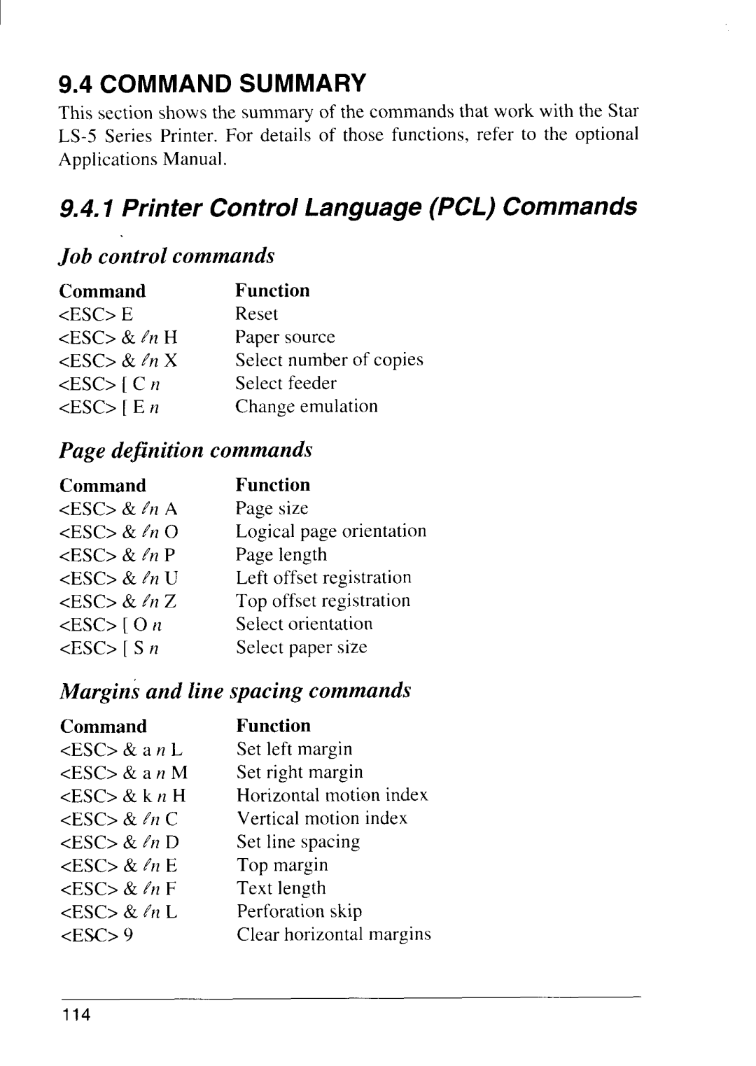 Star Micronics LS-5 EX Command Summary, Printer Control Language PCL Commands, Job control commands, Dej5nition commands 