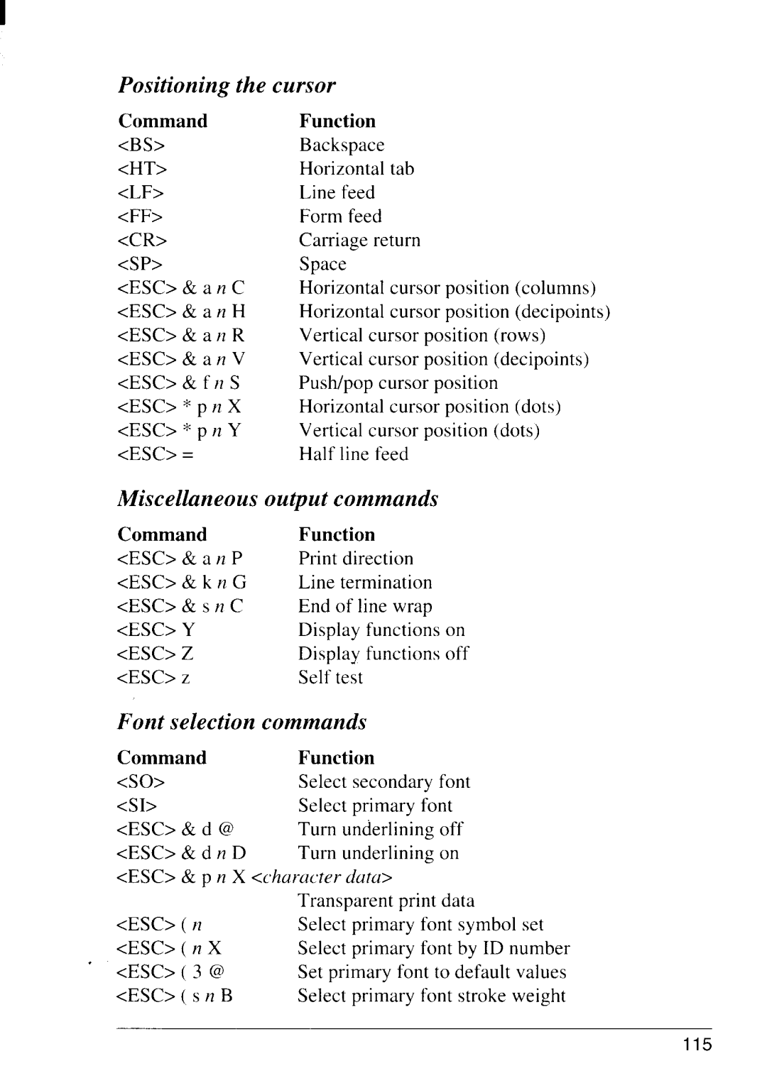 Star Micronics LS-5 TT, LS-5 EX Positioning the cursor, Miscellaneous output commands, Font selection commands 