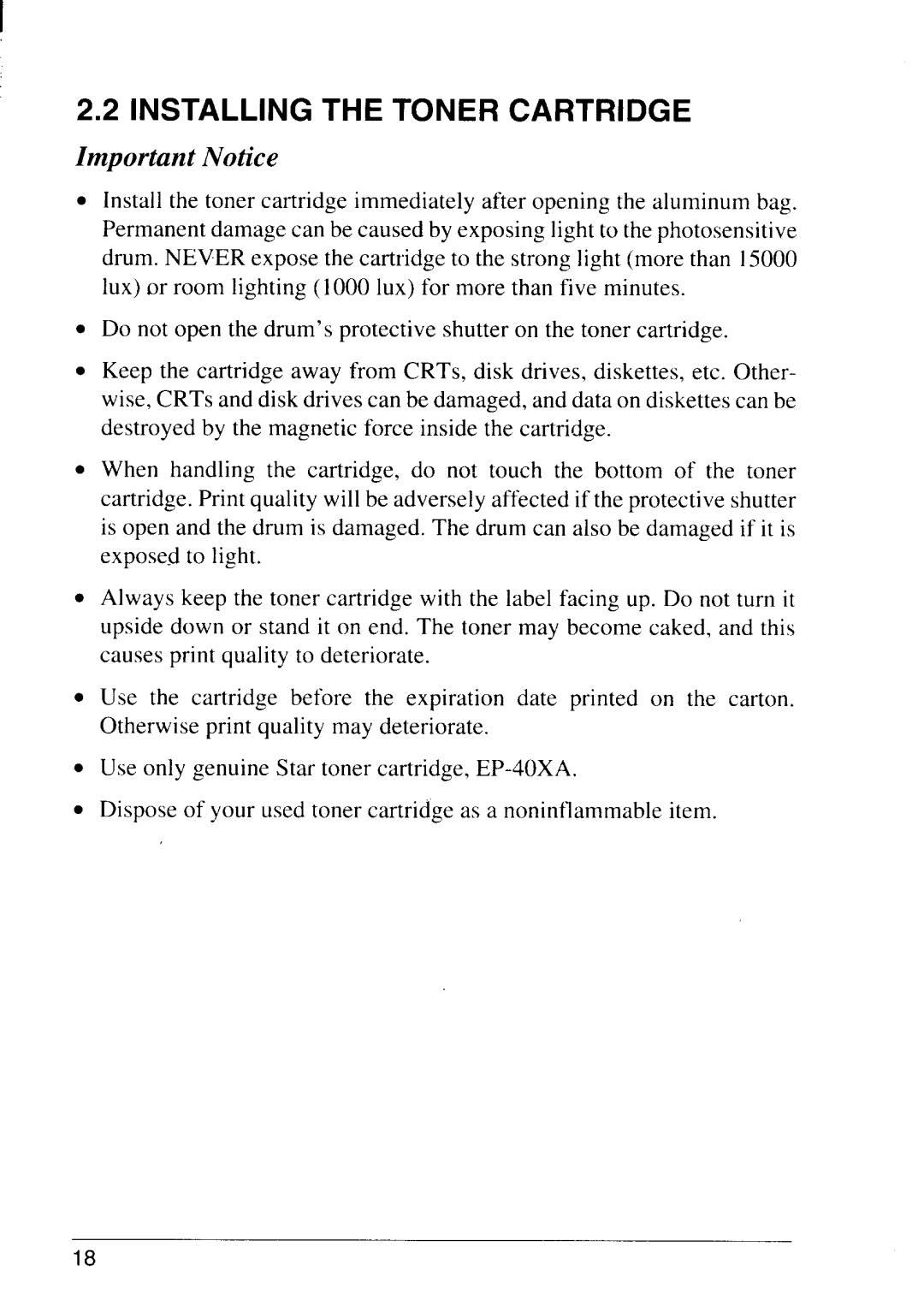 Star Micronics LS-5 EX, LS-5 TT operation manual Installing the Toner Cartridge, Important Notice 