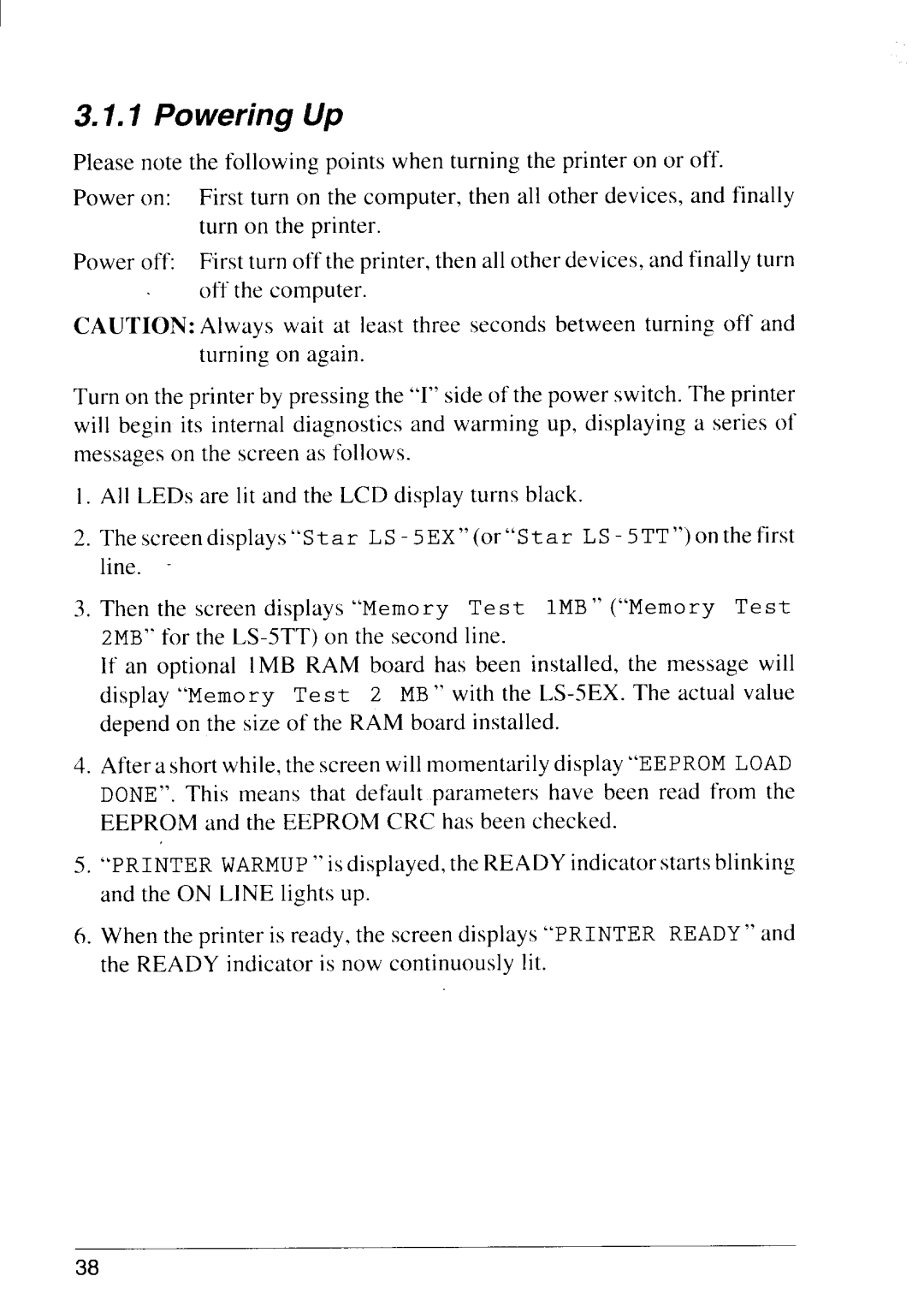 Star Micronics LS-5 EX, LS-5 TT operation manual Powering Up 