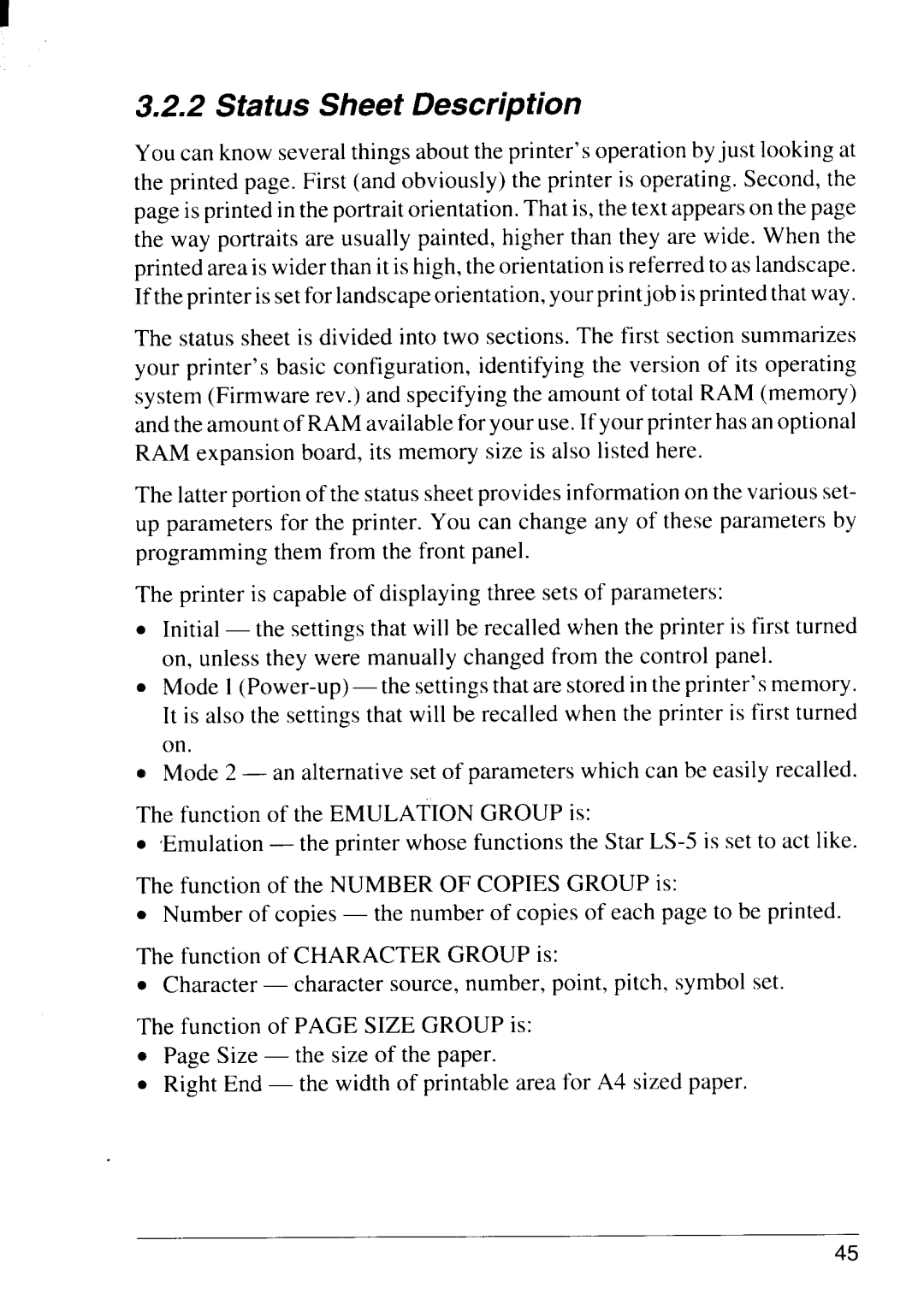 Star Micronics LS-5 TT, LS-5 EX operation manual Status Sheet Description 