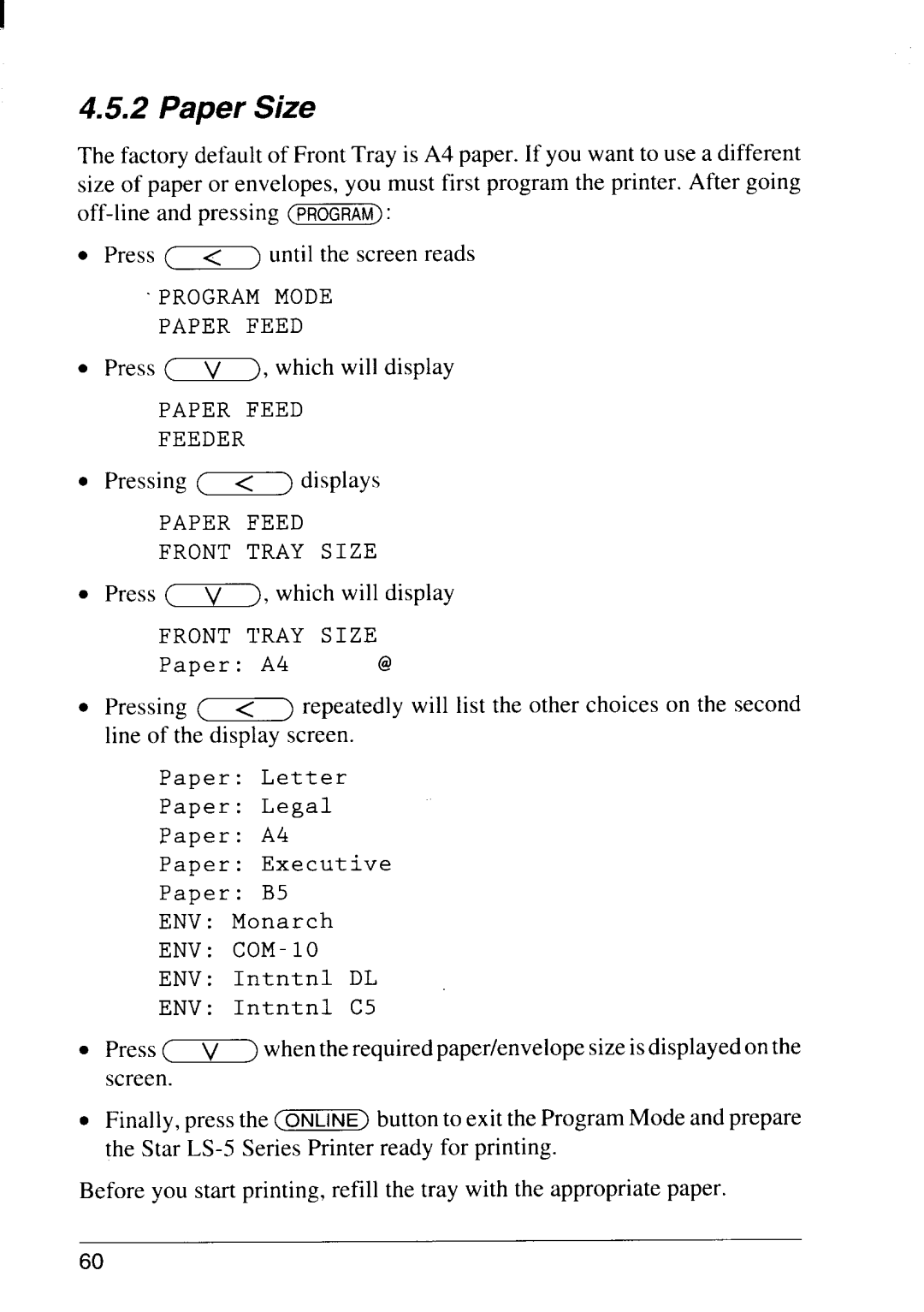 Star Micronics LS-5 EX, LS-5 TT operation manual Paper Size 