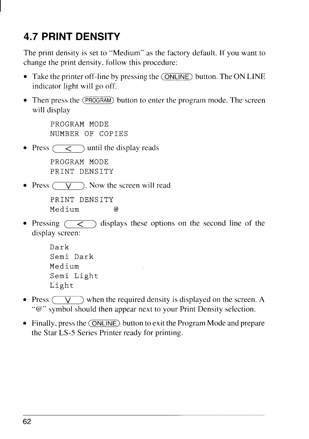 Star Micronics LS-5 EX, LS-5 TT operation manual Print Density 