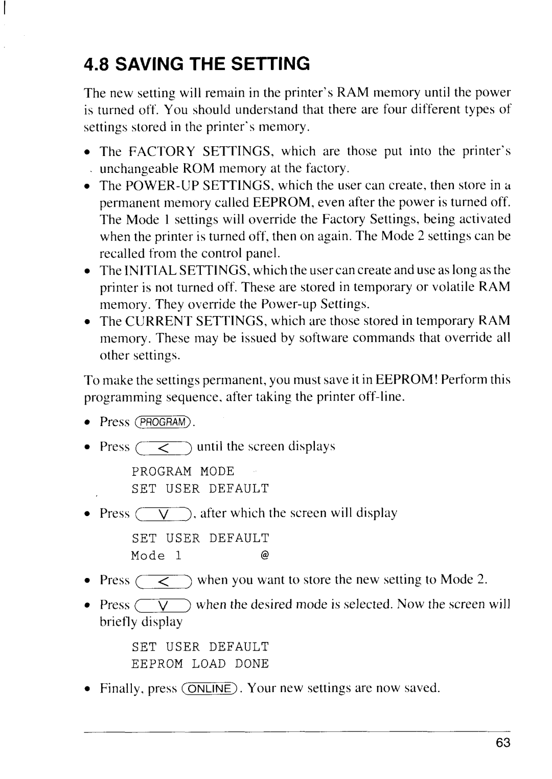 Star Micronics LS-5 TT, LS-5 EX operation manual Saving the Setting 