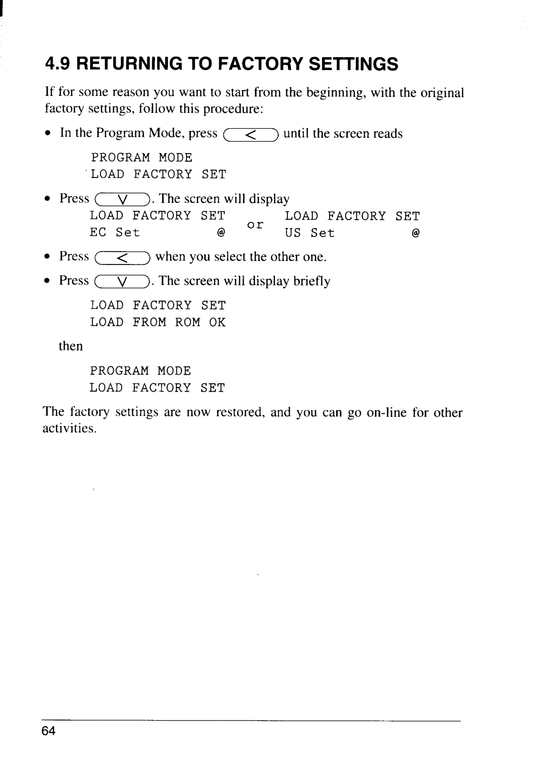 Star Micronics LS-5 EX, LS-5 TT operation manual Returning to Factory Settings 