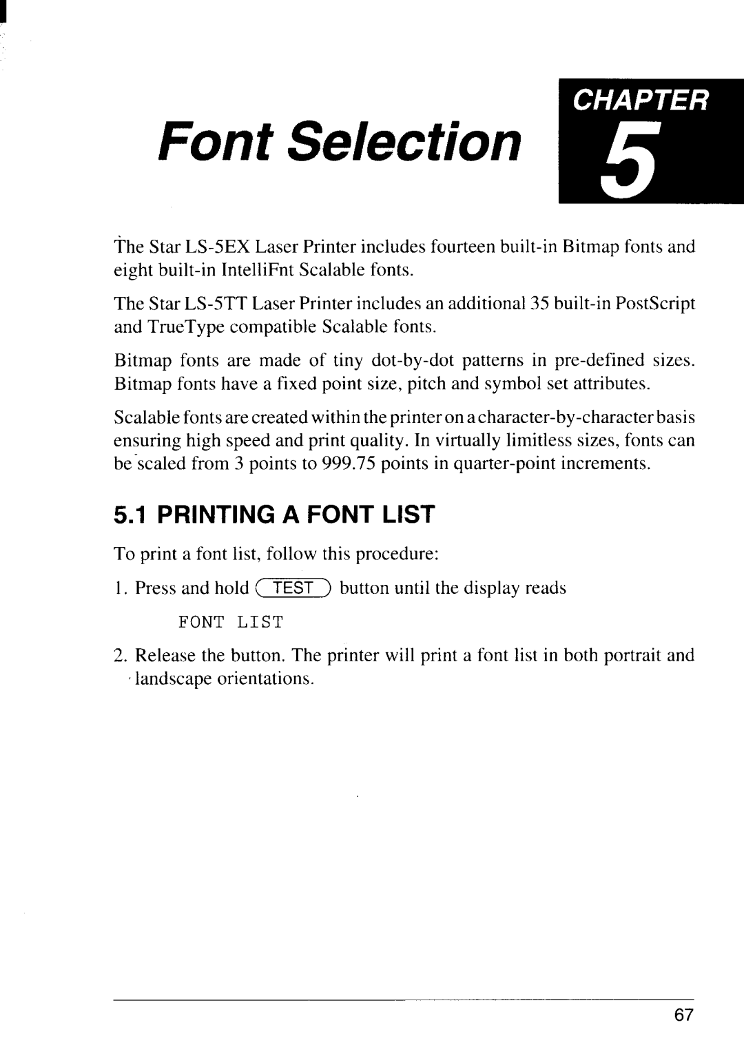 Star Micronics LS-5 TT, LS-5 EX operation manual Printing a Font List 