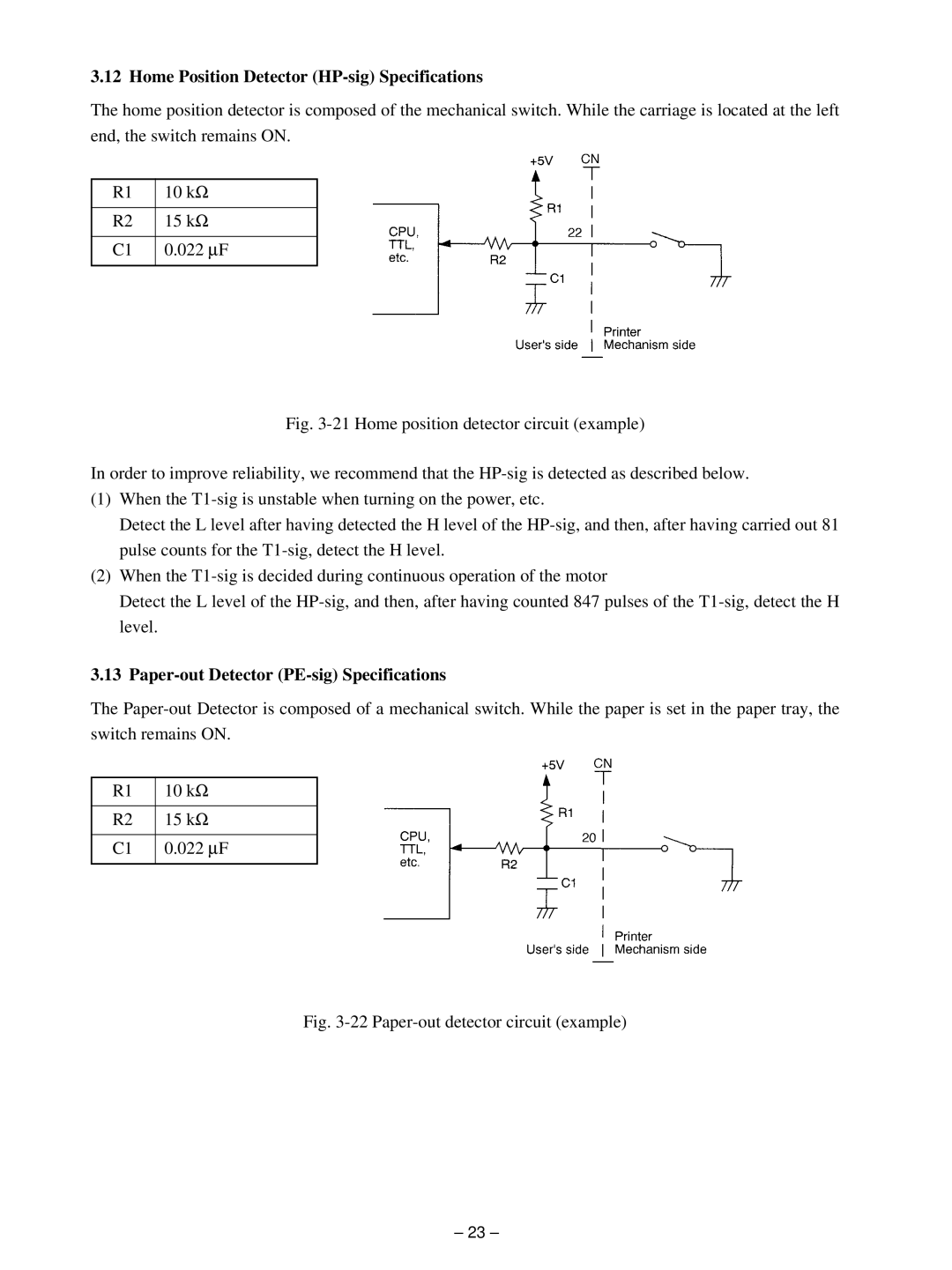 Star Micronics MP115MP-24G-A Home Position Detector HP-sig Specifications, Paper-out Detector PE-sig Specifications 