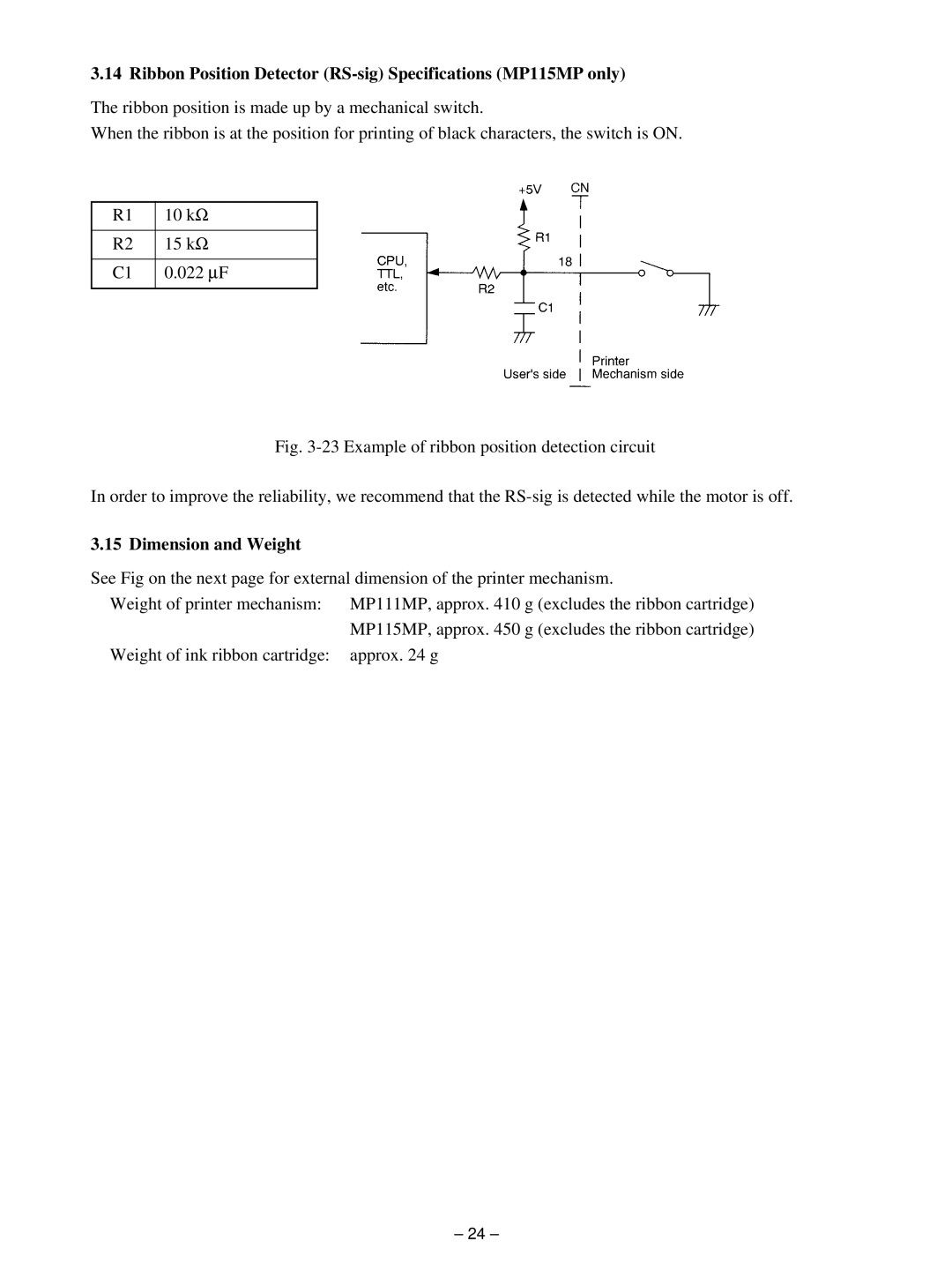 Star Micronics MP111MP-24G-A Ribbon Position Detector RS-sig Specifications MP115MP only, Dimension and Weight 