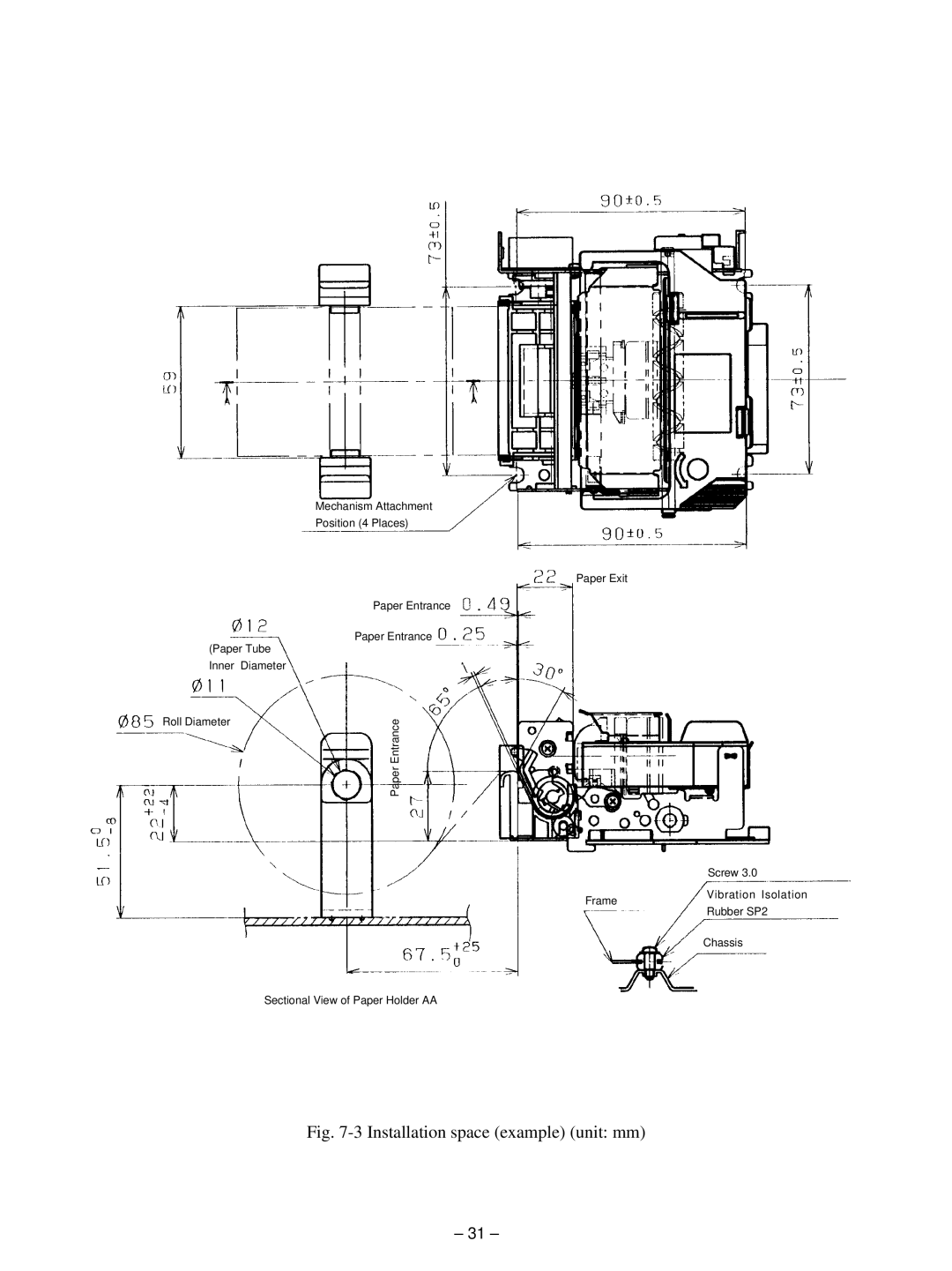 Star Micronics MP115MP-24G-A, MP111MP-24G-A operation manual Installation space example unit mm 