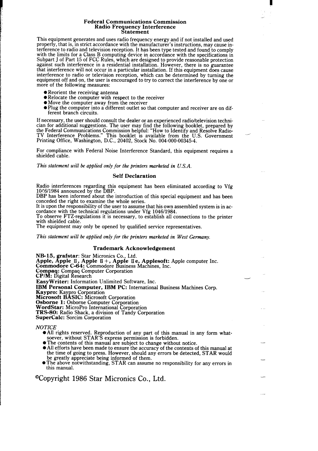 Star Micronics NB-15 user manual tatement, Self Declaration, Trademark Acknowledgement 