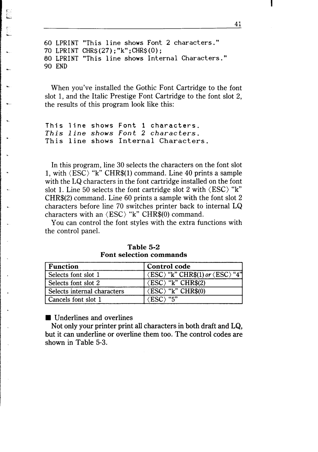 Star Micronics NB-15 user manual This line shows Font 2 characters, Font selection commands, Function, Control code 