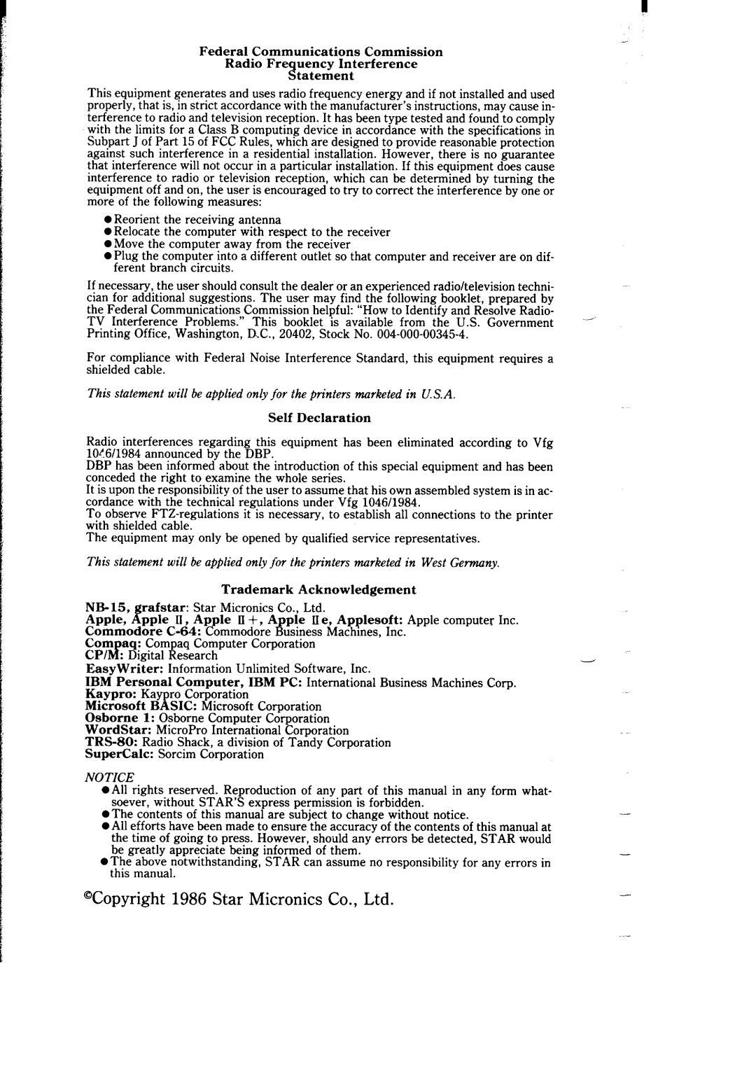 Star Micronics NB-15 user manual Tatement 