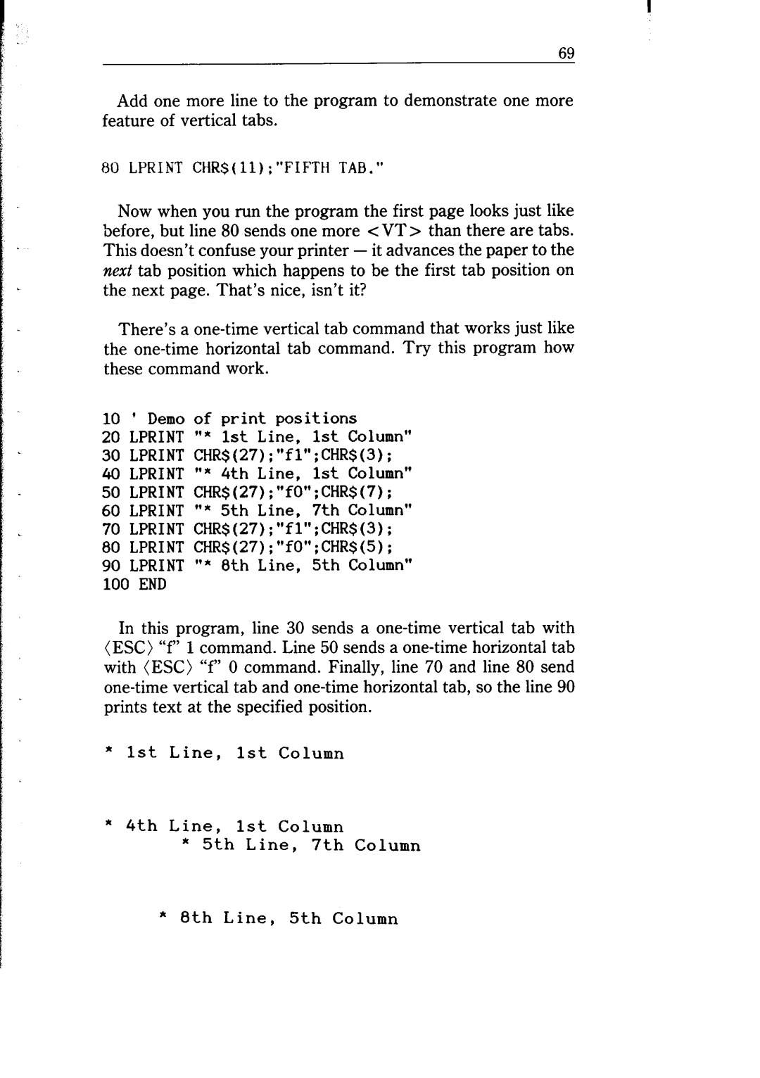 Star Micronics NB-15 user manual Lprint CHR$llFIFTH TAB 