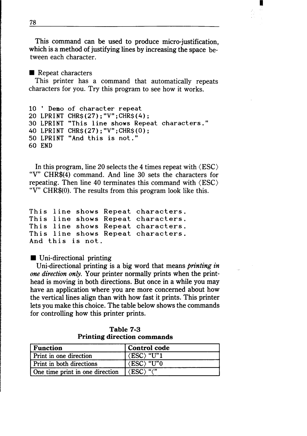 Star Micronics NB-15 user manual Printing direction commands Function Control code 