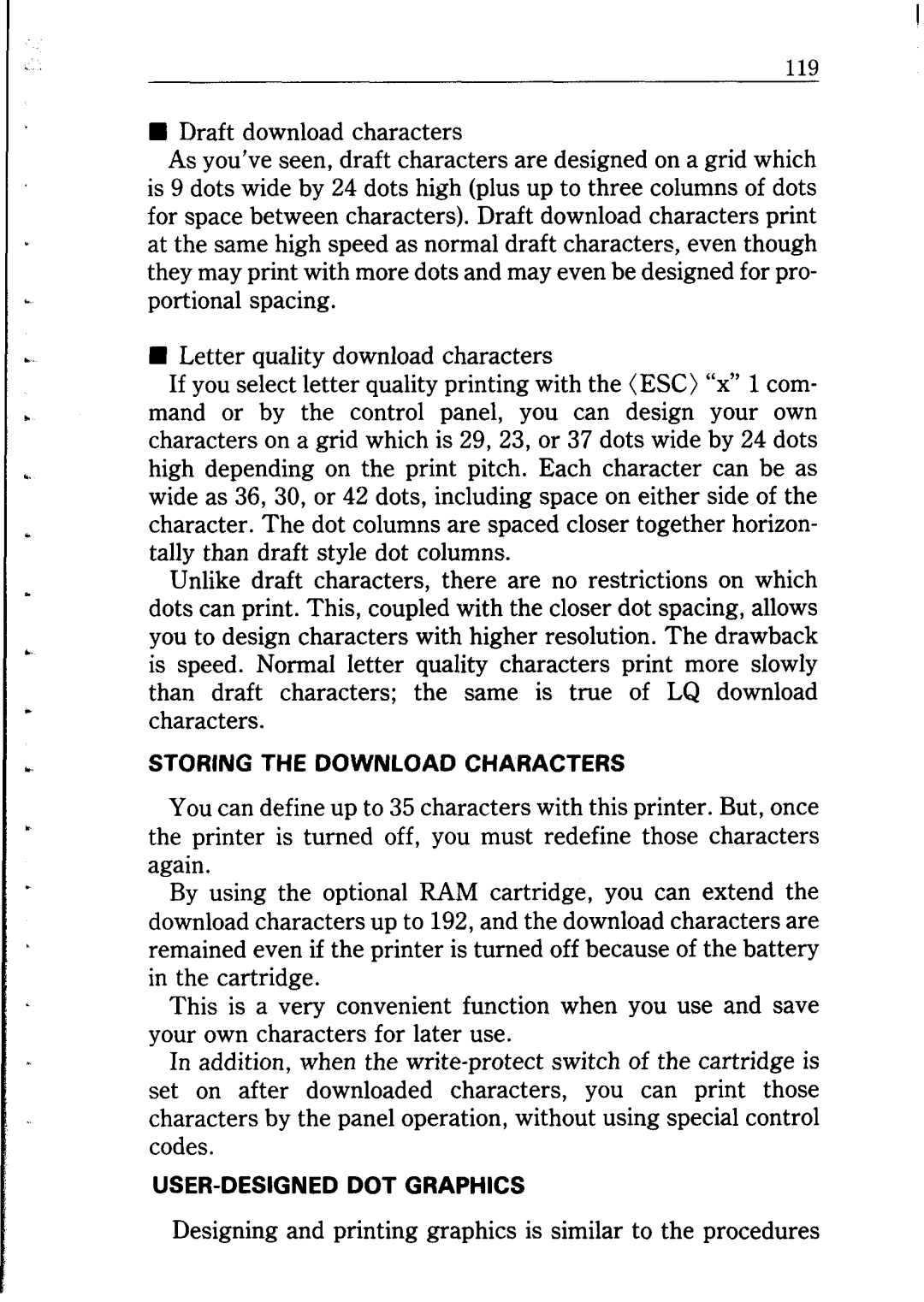Star Micronics NB24-10/15 user manual STORlNG THE DOWNLOAD CHARACTERS, User-Designed Dot Graphics 