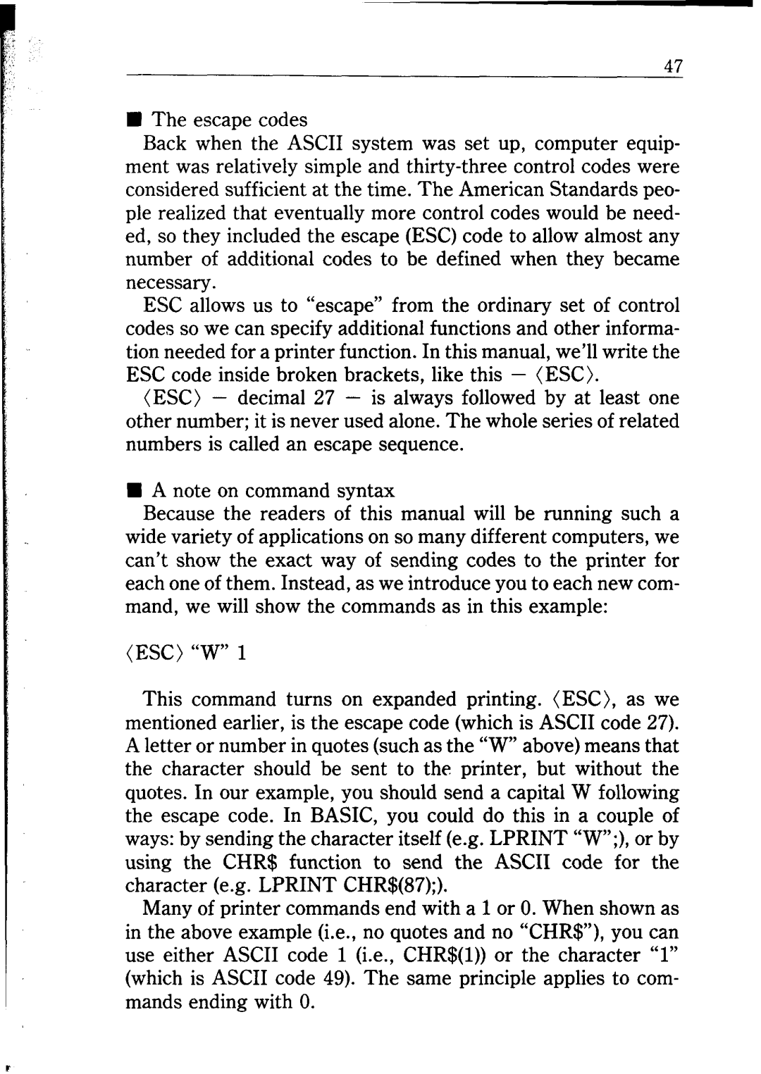 Star Micronics NB24-10/15 user manual B The escape codes, n A note on command syntax, Esc “W” 