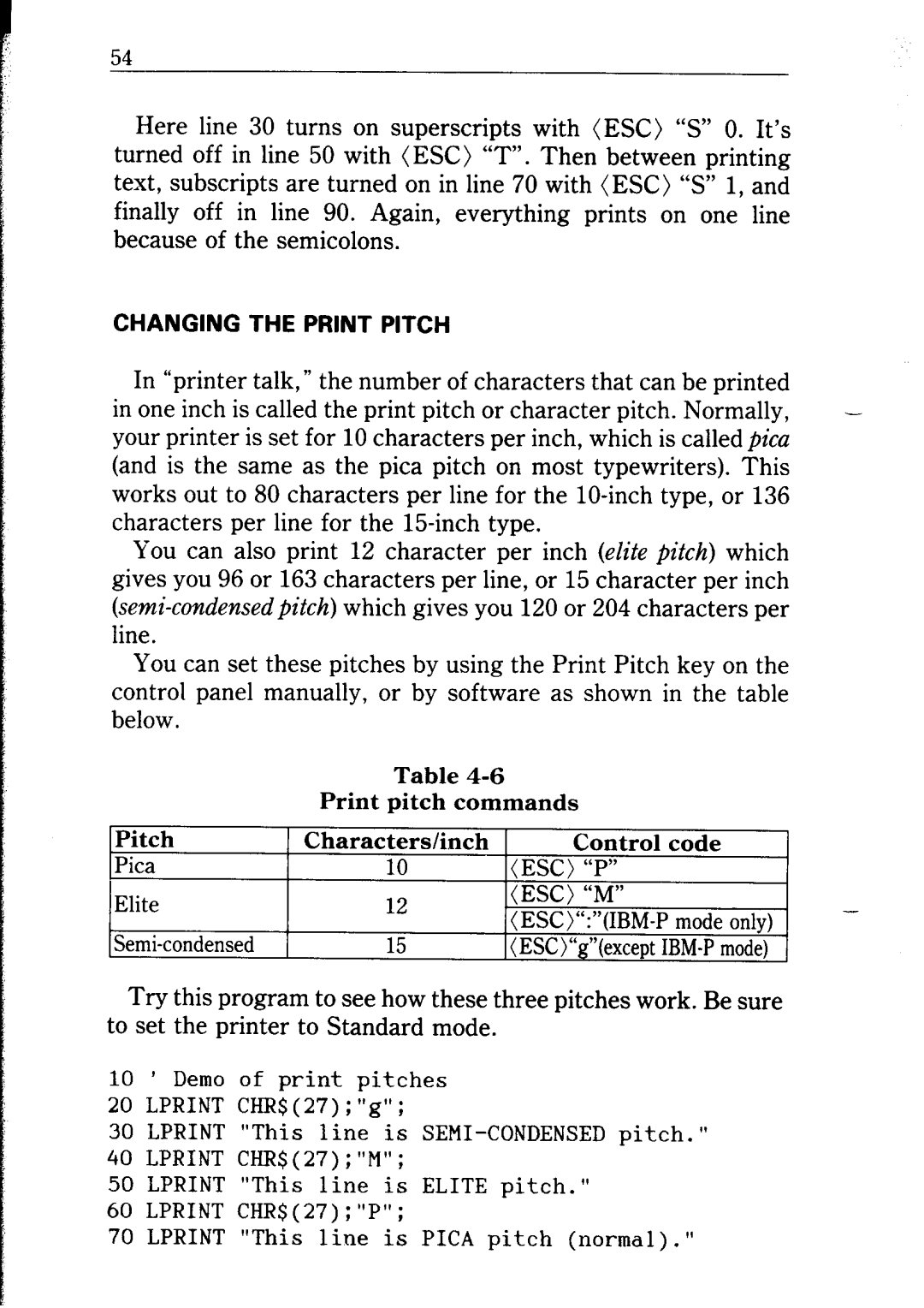 Star Micronics NB24-10/15 user manual Changing The Print Pitch, Demo of print pitches 20 LPRINT CHR$27g 