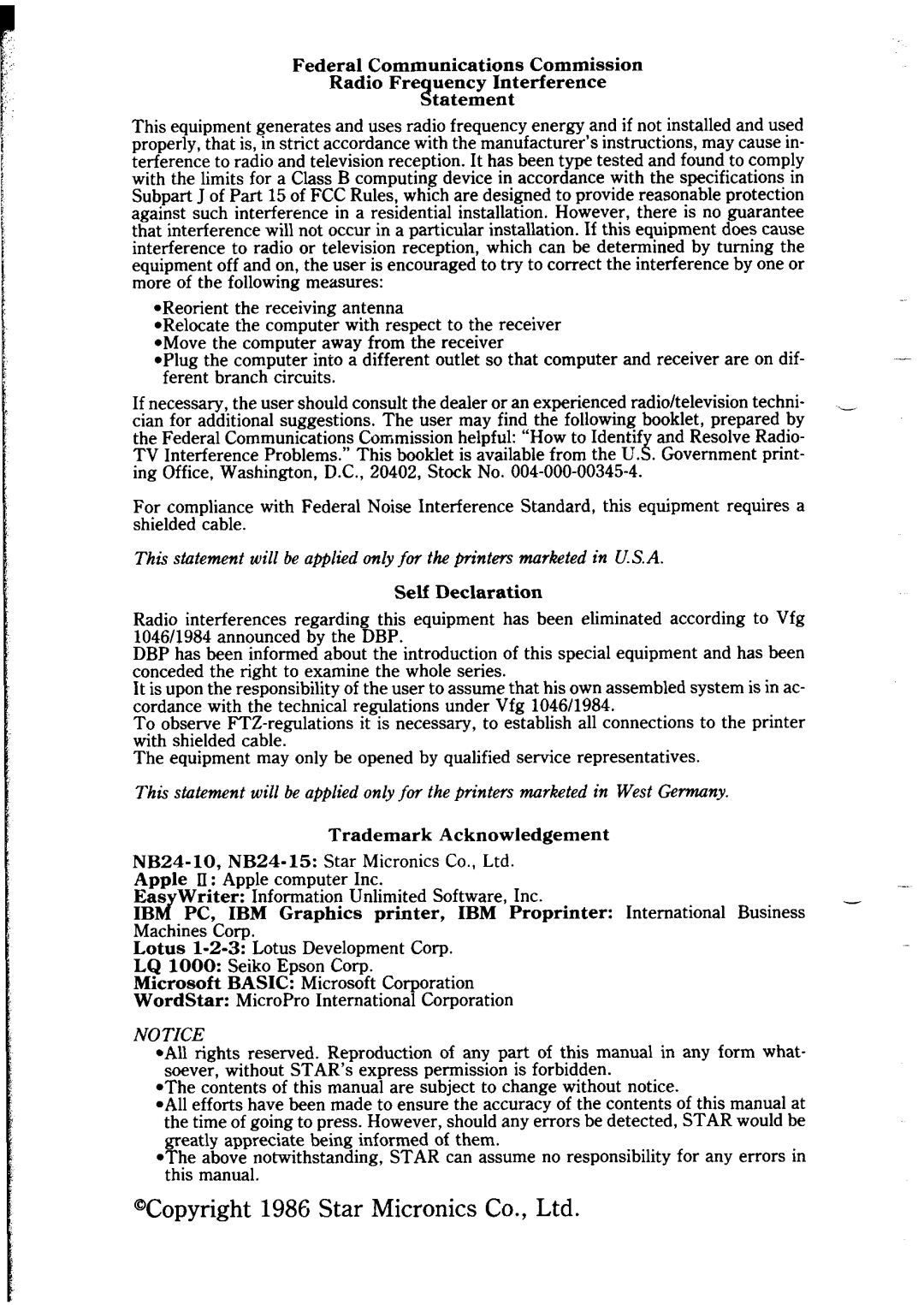 Star Micronics NB24-10/15 user manual Self Declaration 