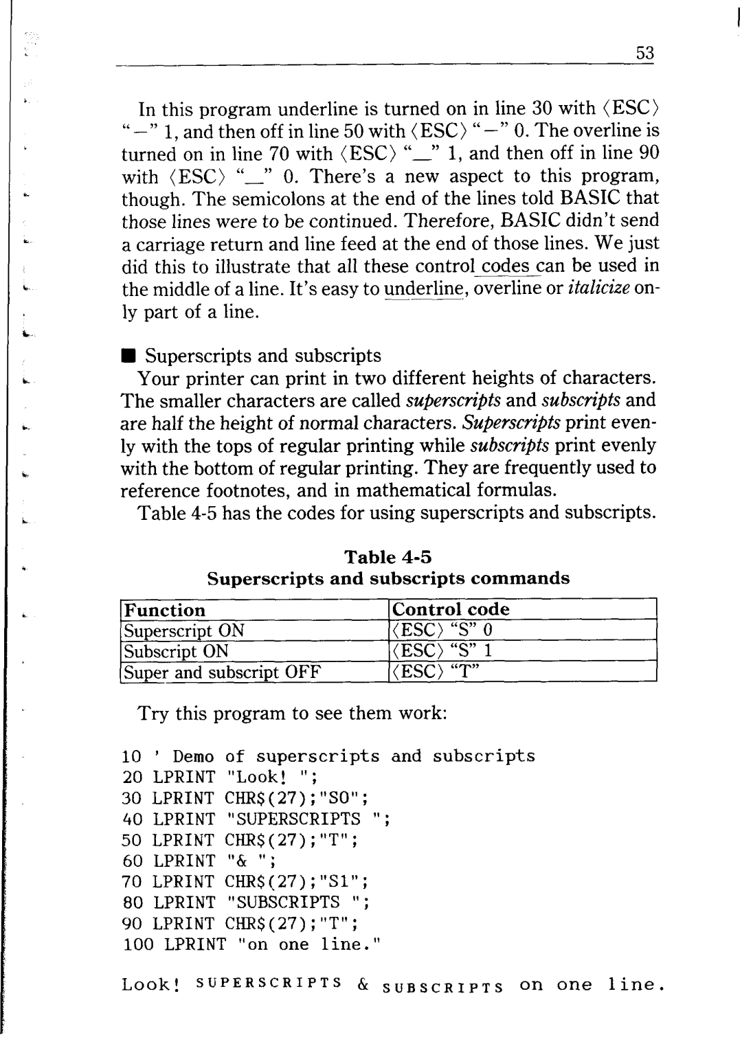 Star Micronics NB24-10/15 user manual Try this program to see them work, Superscripts Subscripts 