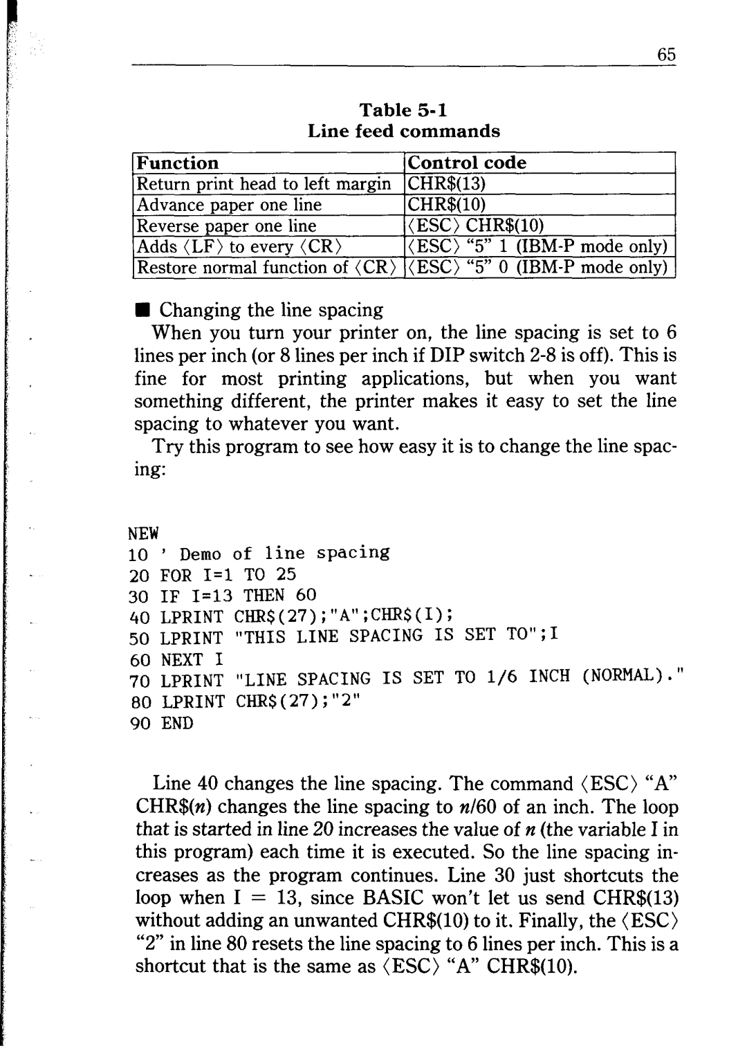 Star Micronics NB24-10/15 Return print head to left margin CHR$lS, Advance paper one line CHR$10 Reverse paper one line 