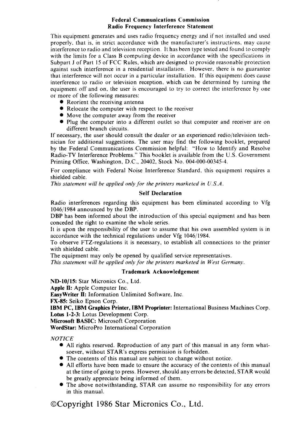 Star Micronics ND-10/15 user manual Self Declaration 