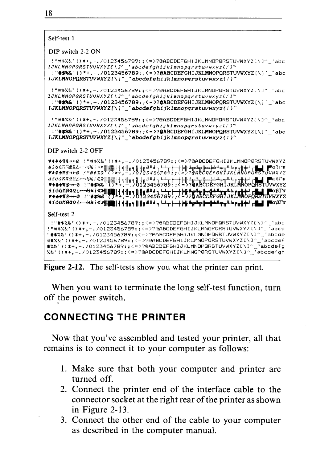 Star Micronics ND-10/15 user manual Connecting the Printer, Self-test DIP switch 2-2 on 