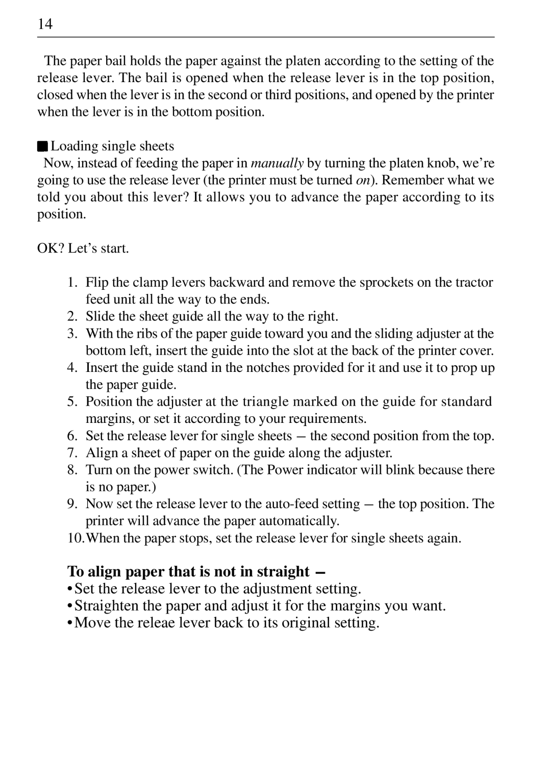 Star Micronics NL-10 user manual To align paper that is not in straight 