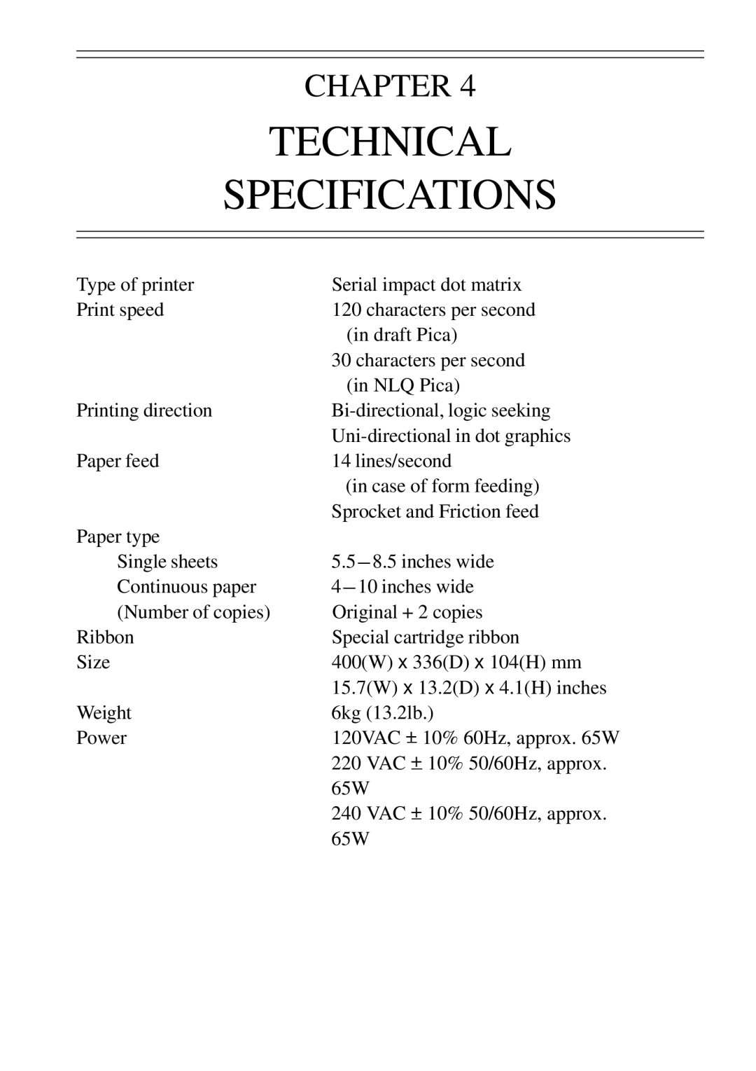 Star Micronics NL-10 user manual Technical, Specifications 